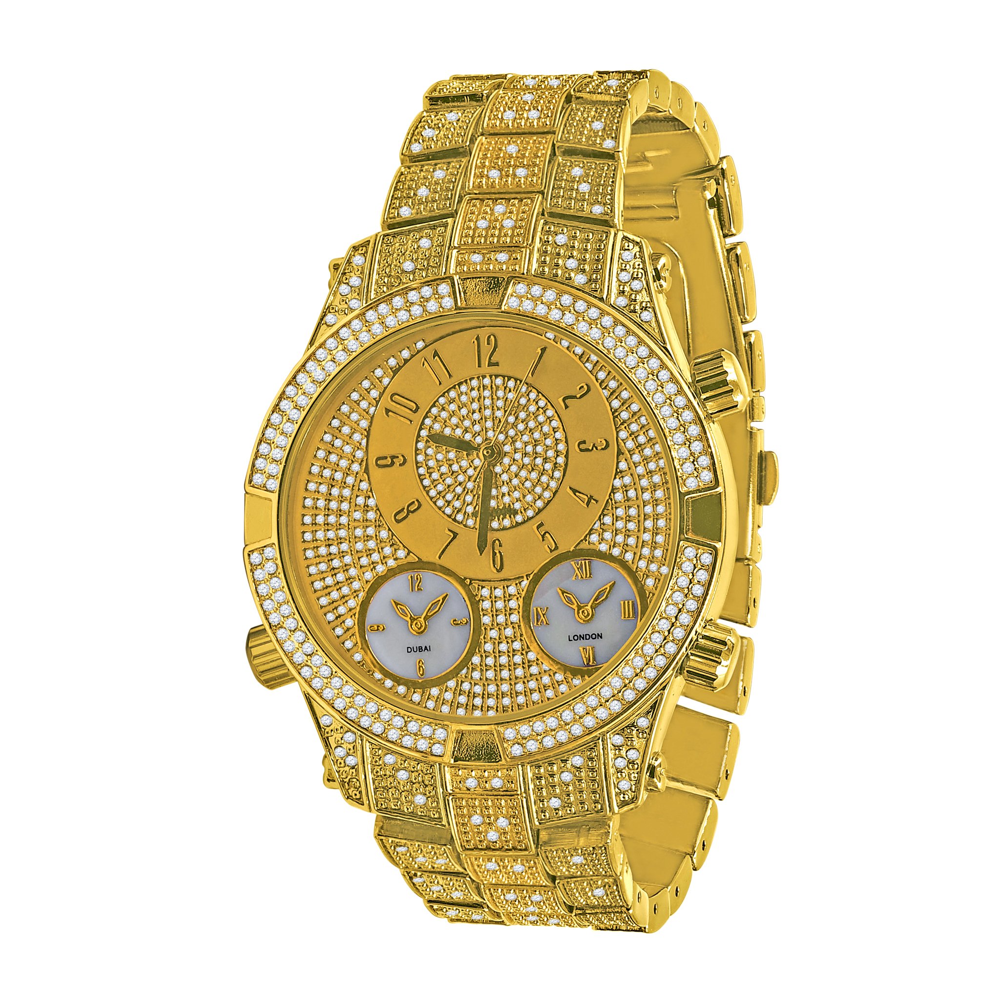 INIMITABLE HIP HOP METAL watch featuring a bling metal design with CZ stones and three intricate sub-dials.