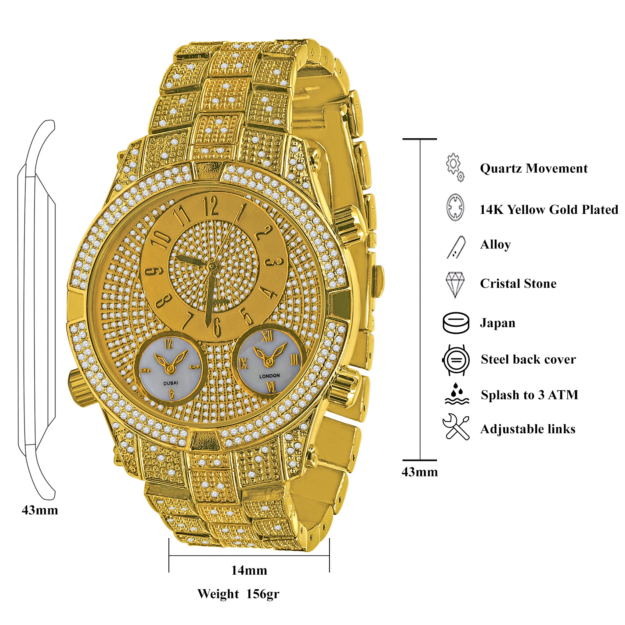 INIMITABLE HIP HOP METAL watch featuring a bling metal design with CZ stones and three intricate sub-dials.