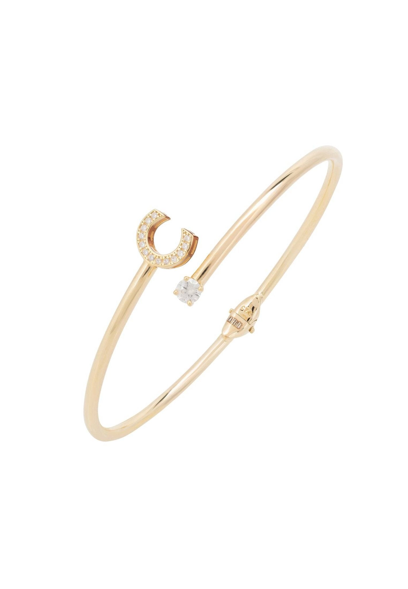 Elegant Initial Bangle Gold C featuring cubic zirconia and a hinge design, handcrafted from sterling silver and dipped in 22ct gold.