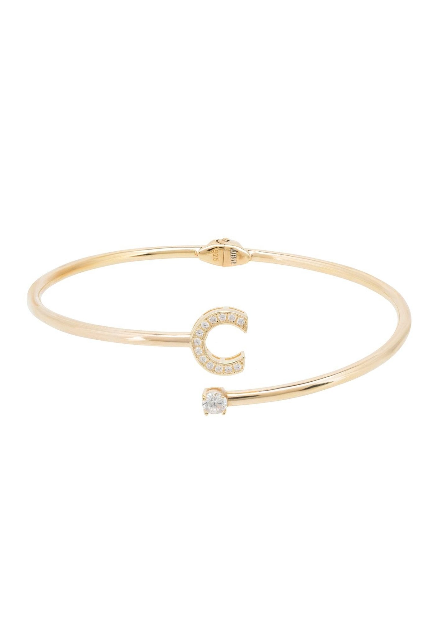 Elegant Initial Bangle Gold C featuring cubic zirconia and a hinge design, handcrafted from sterling silver and dipped in 22ct gold.