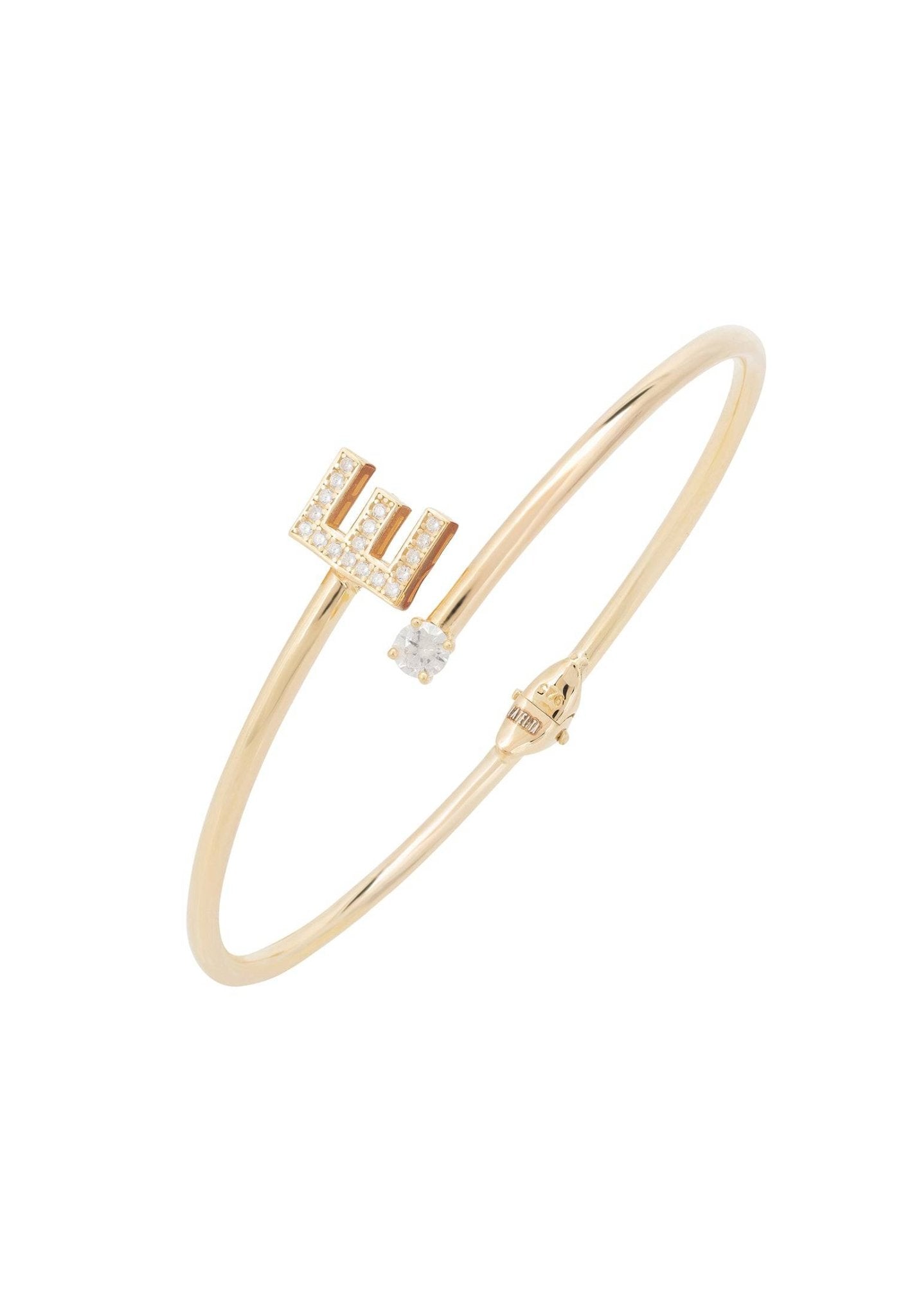 Initial Bangle Gold E featuring a delicate design with cubic zirconia and a personalized monogram, handcrafted in 925 sterling silver and dipped in 22ct gold.