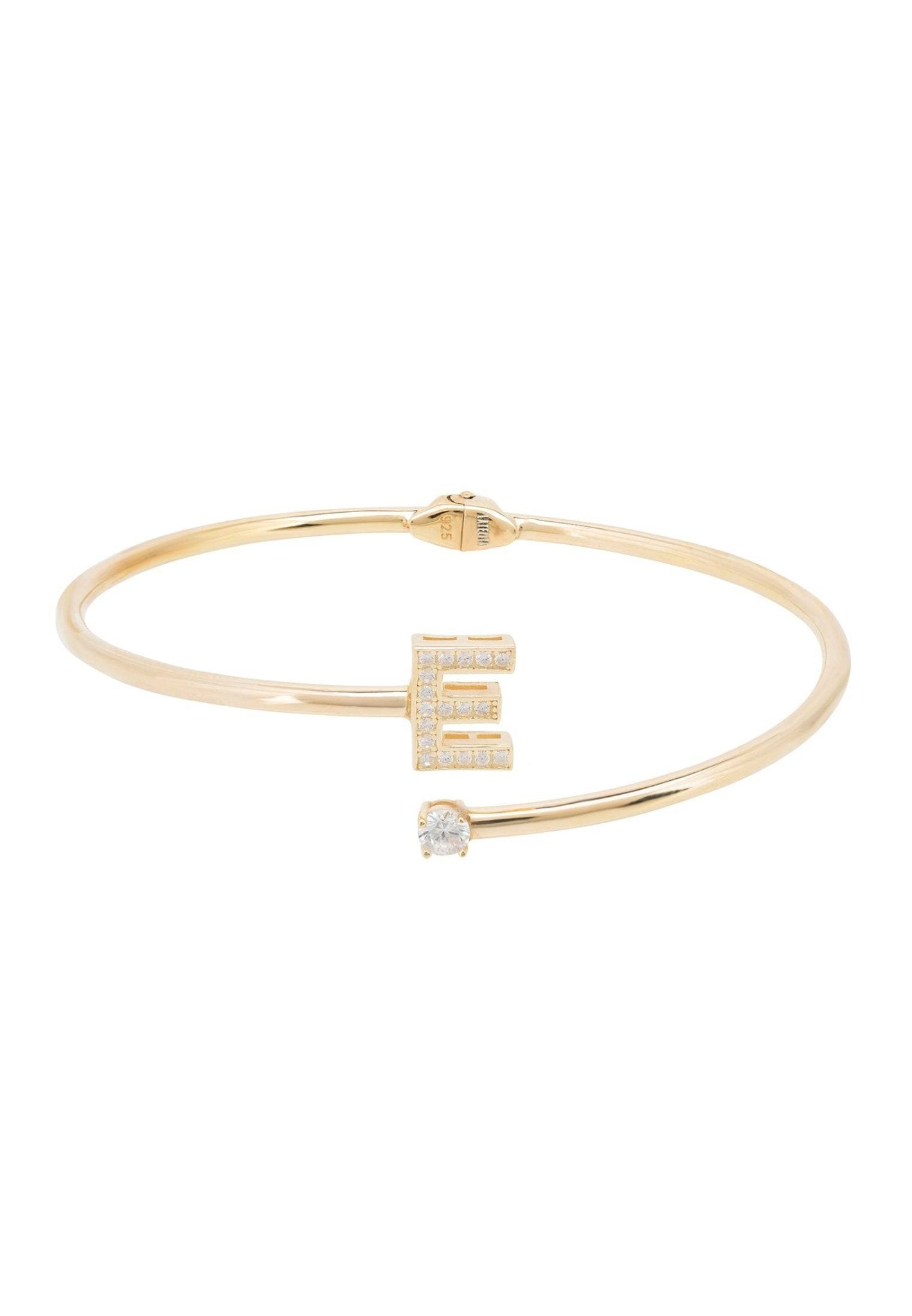 Initial Bangle Gold E featuring a delicate design with cubic zirconia and a personalized monogram, handcrafted in 925 sterling silver and dipped in 22ct gold.