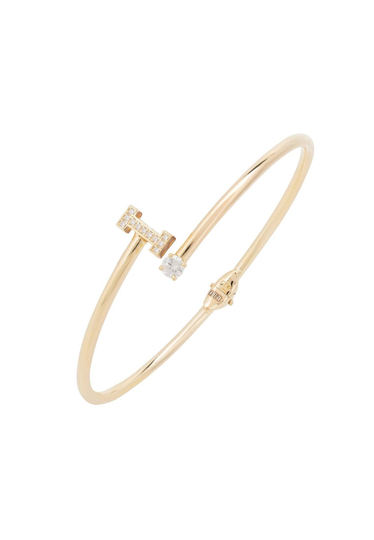 Initial Bangle Gold I featuring a delicate design with a personalized monogram and sparkling cubic zirconia, handcrafted in 925 sterling silver and dipped in 22ct gold.