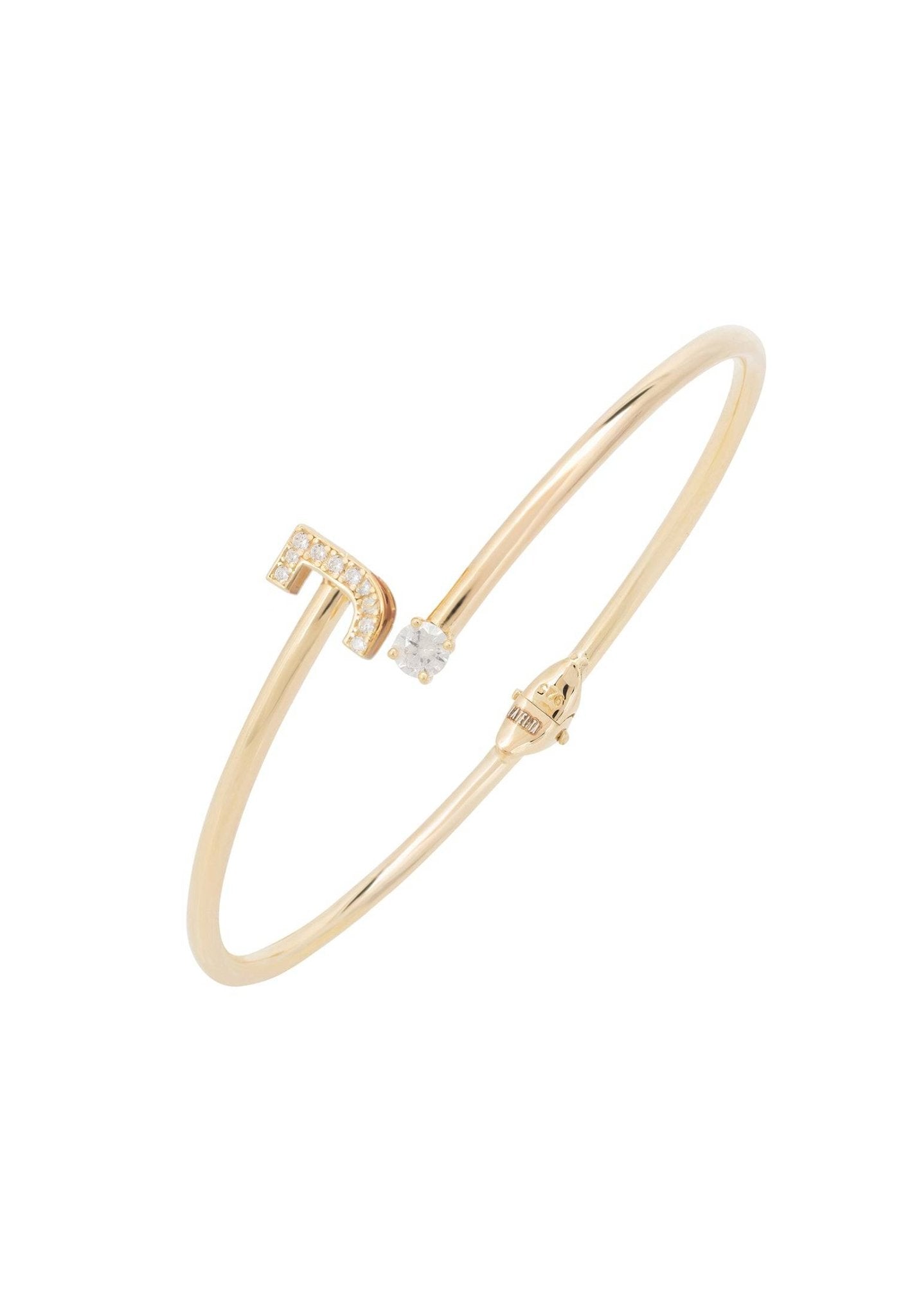 Elegant Initial Bangle Gold J featuring cubic zirconia and a monogram, handcrafted in 925 sterling silver and dipped in 22ct gold.