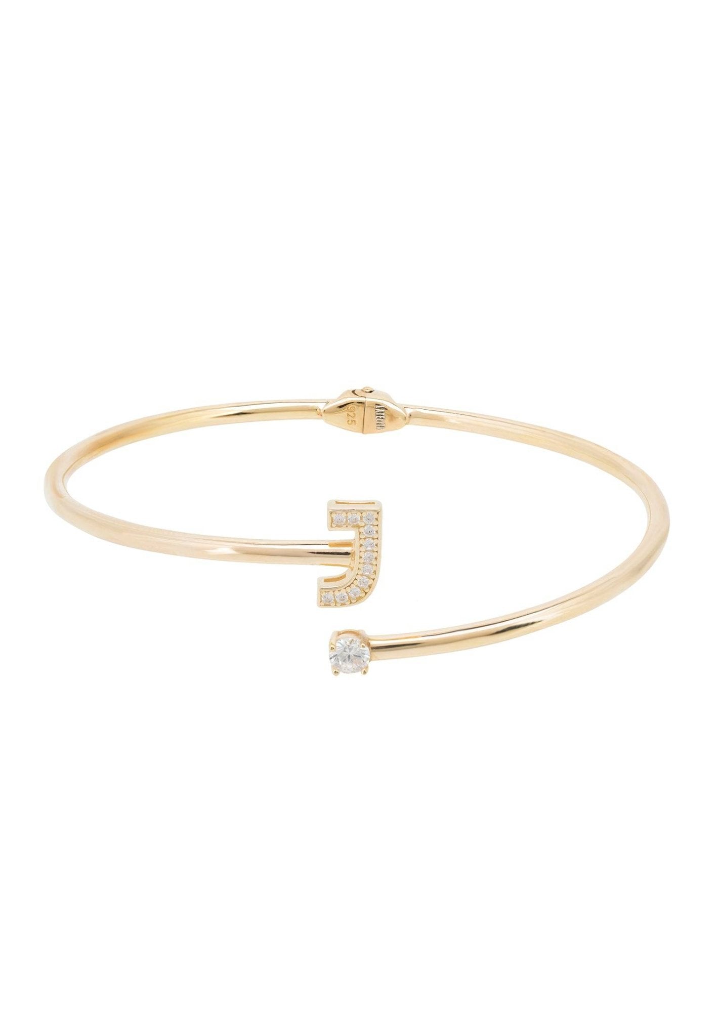 Elegant Initial Bangle Gold J featuring cubic zirconia and a monogram, handcrafted in 925 sterling silver and dipped in 22ct gold.