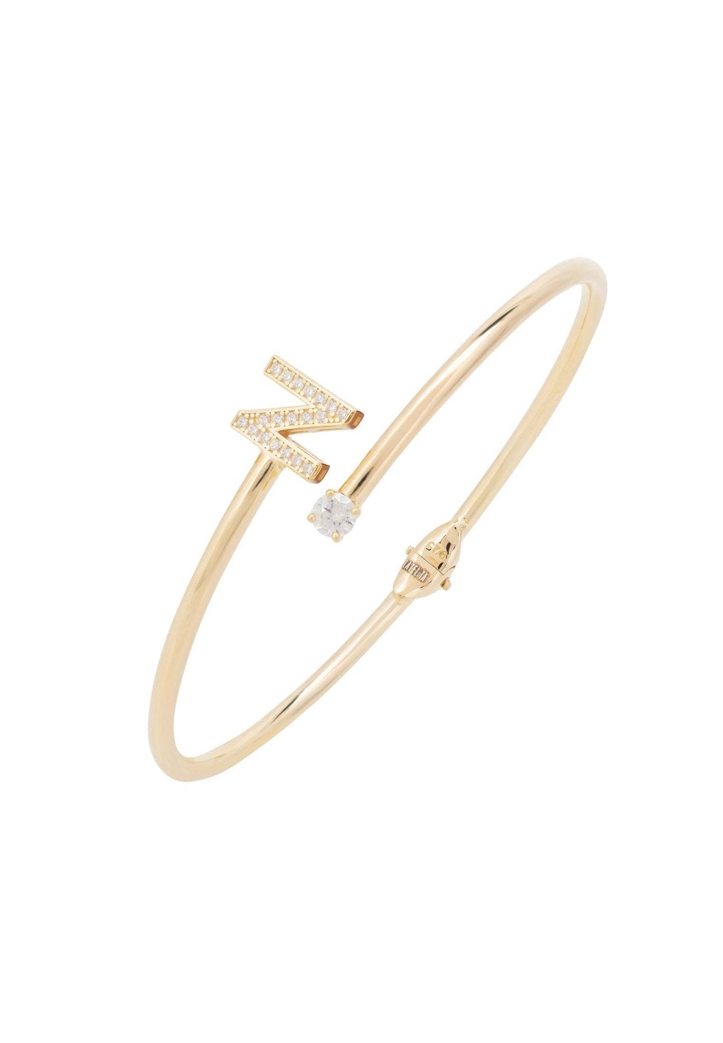 Initial Bangle Gold N featuring a delicate design with cubic zirconia and a personalized monogram, handcrafted in 925 sterling silver and dipped in 22ct gold.