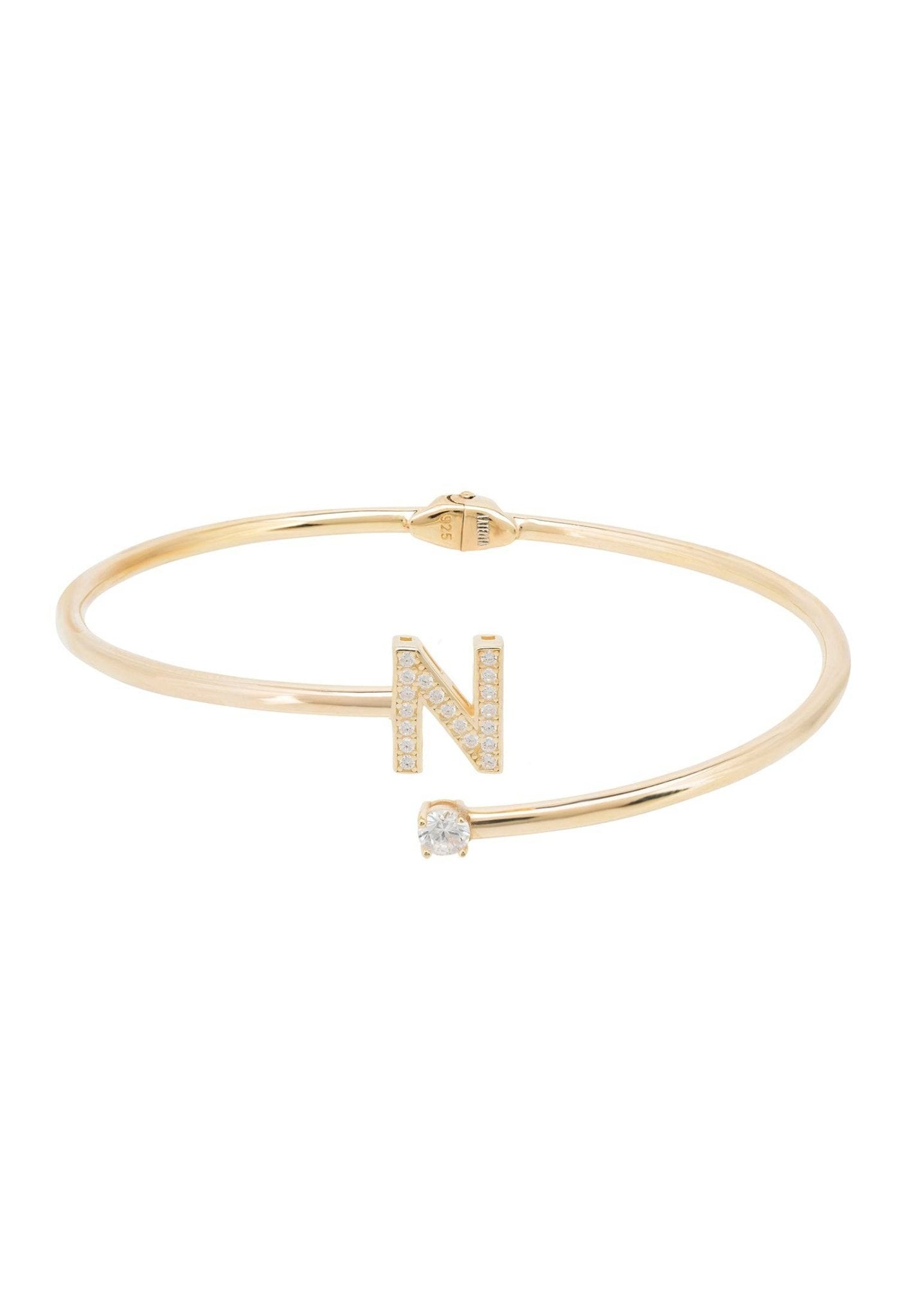 Initial Bangle Gold N featuring a delicate design with cubic zirconia and a personalized monogram, handcrafted in 925 sterling silver and dipped in 22ct gold.