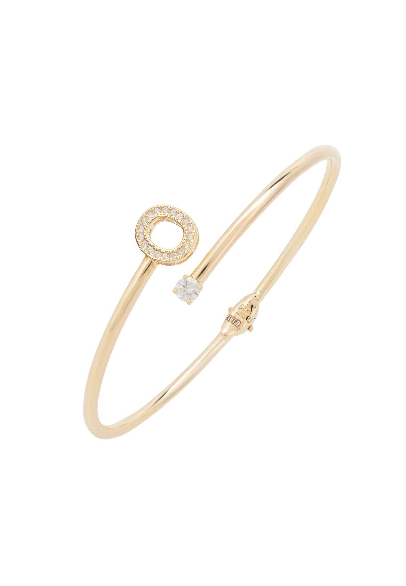 Elegant Initial Bangle Gold O featuring a zircon monogram and cubic zirconia, handcrafted in 925 sterling silver and dipped in 22ct gold.