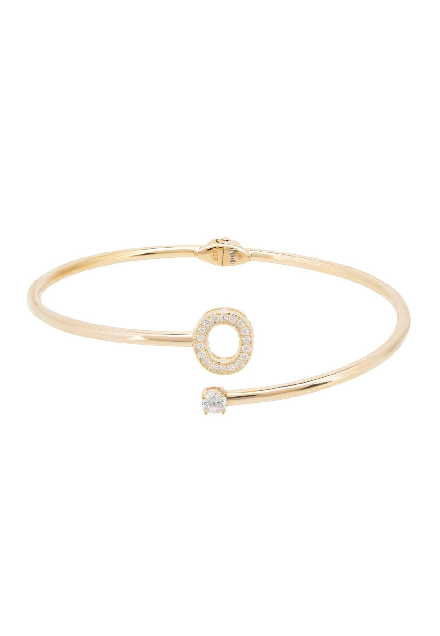 Elegant Initial Bangle Gold O featuring a zircon monogram and cubic zirconia, handcrafted in 925 sterling silver and dipped in 22ct gold.