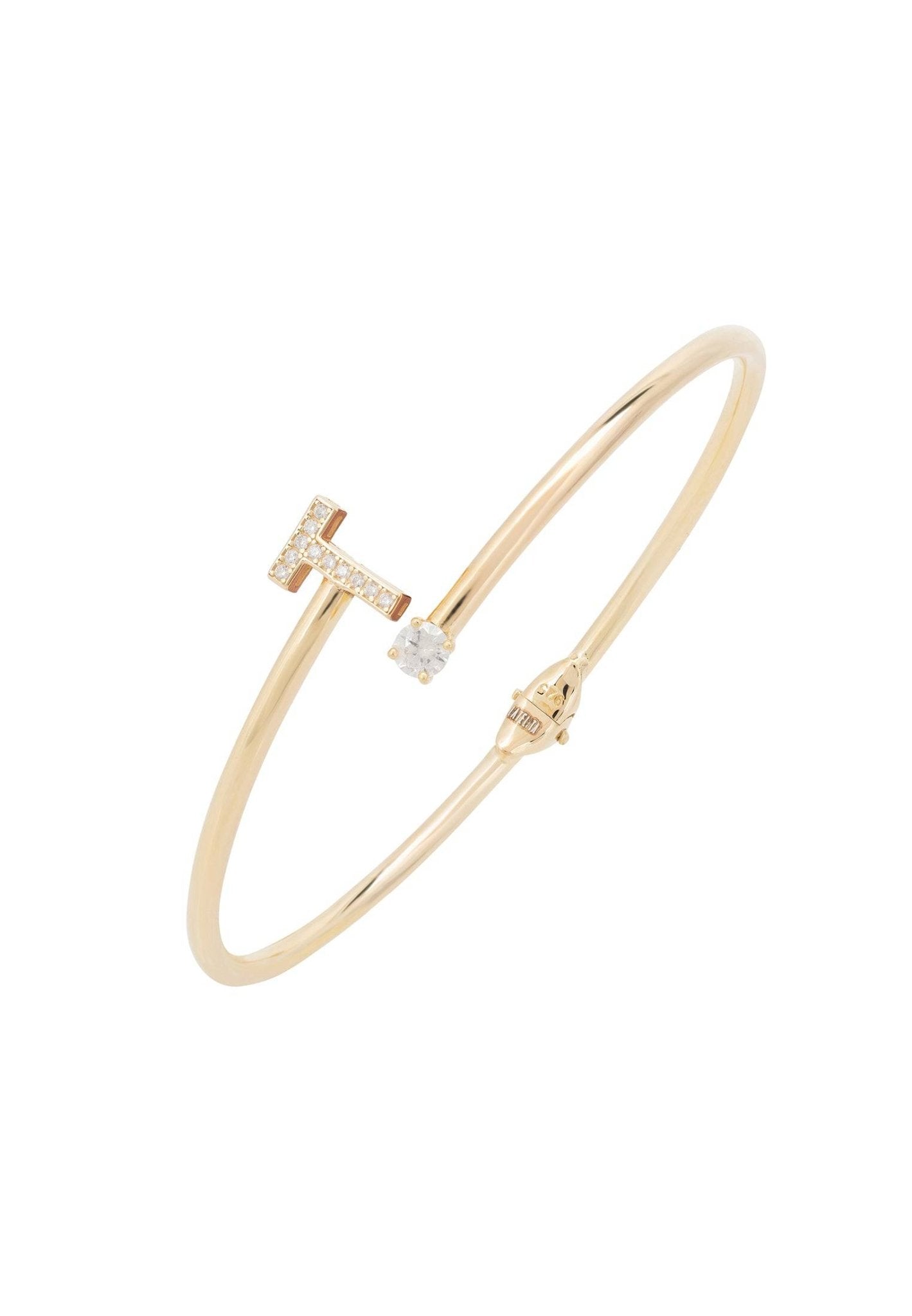 Elegant Initial Bangle Gold T featuring a zircon monogram and cubic zirconia, handcrafted in 925 sterling silver and dipped in 22ct gold.