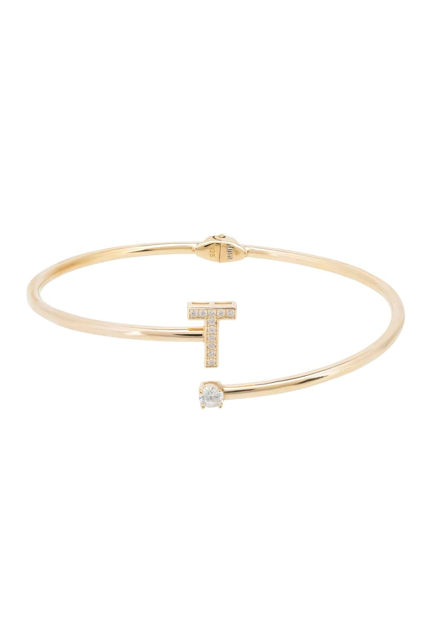 Elegant Initial Bangle Gold T featuring a zircon monogram and cubic zirconia, handcrafted in 925 sterling silver and dipped in 22ct gold.