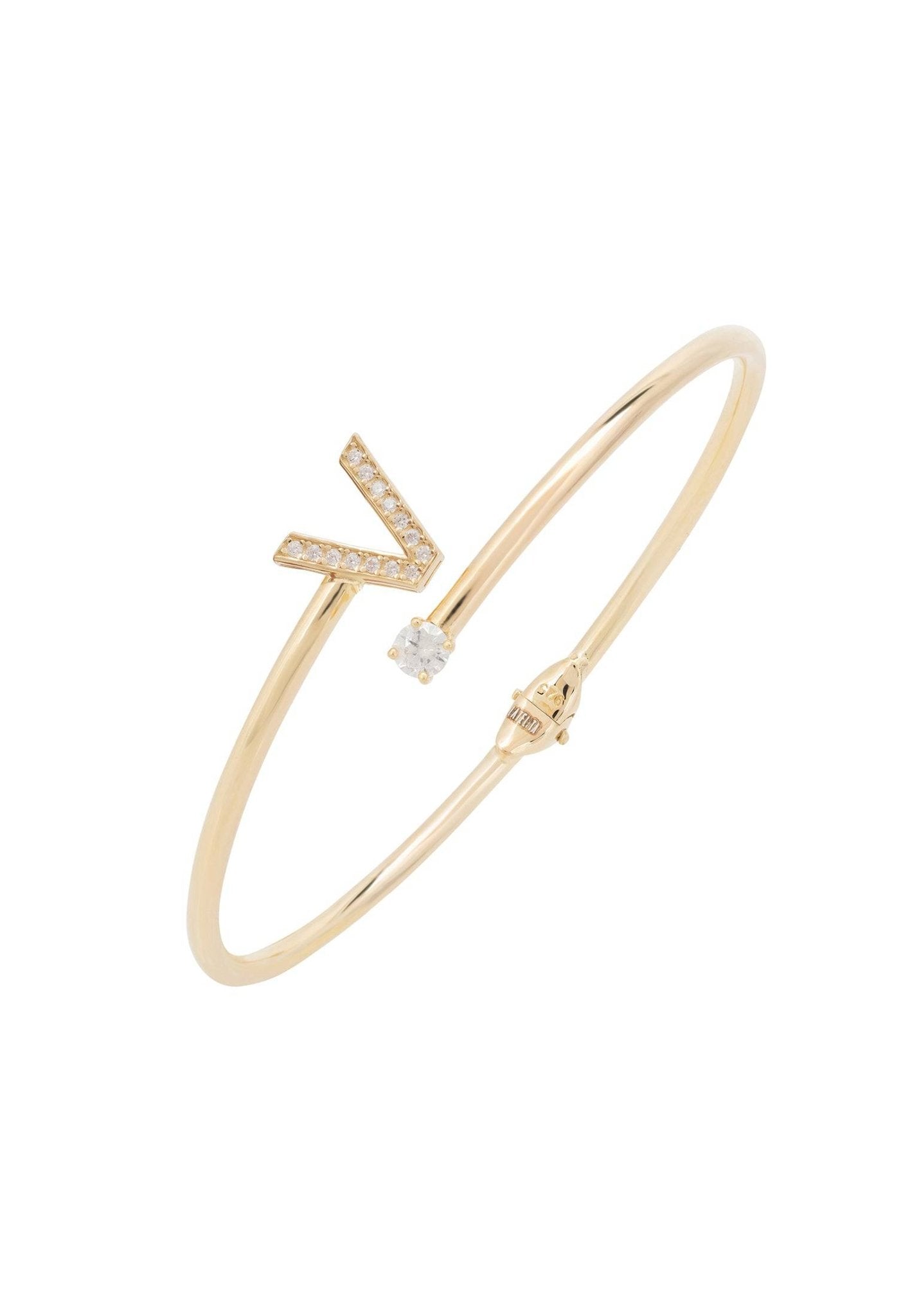 Initial Bangle Gold V featuring a delicate design with cubic zirconia and a personalized monogram, handcrafted in 925 sterling silver and 22ct gold.