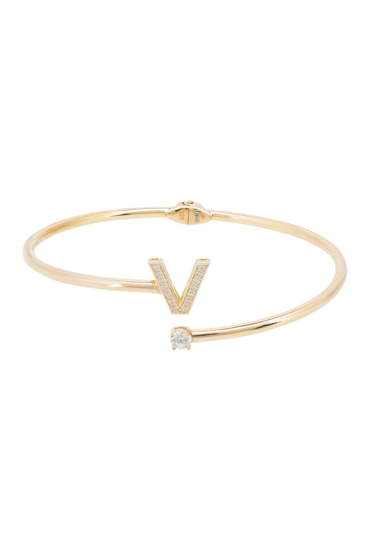 Initial Bangle Gold V featuring a delicate design with cubic zirconia and a personalized monogram, handcrafted in 925 sterling silver and 22ct gold.