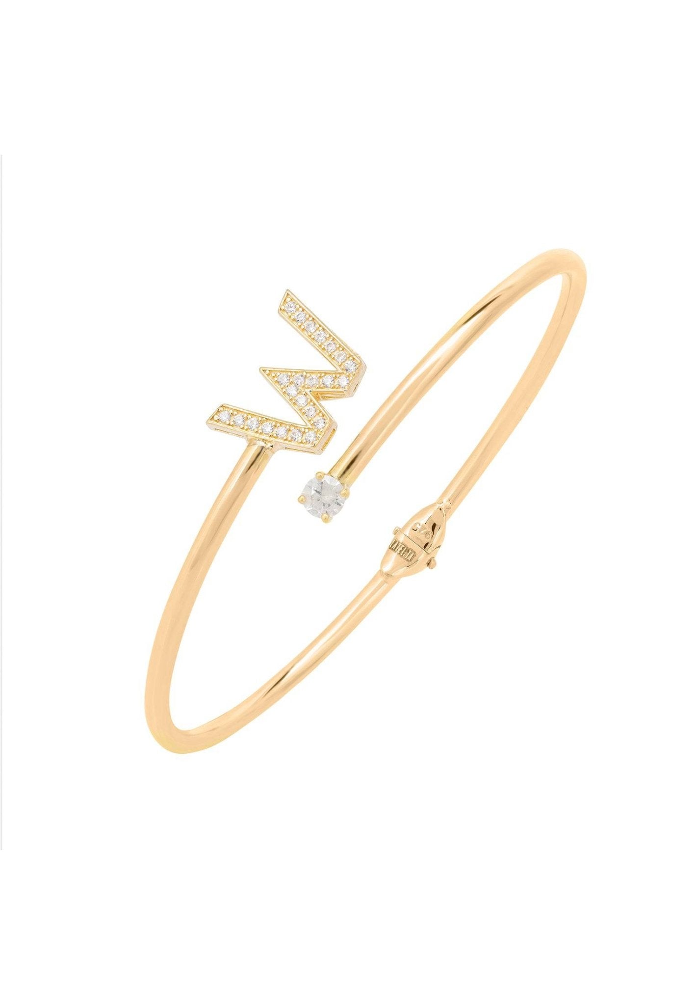 Initial Bangle Gold W featuring a delicate design with cubic zirconia, handcrafted from sterling silver and dipped in 22ct gold.