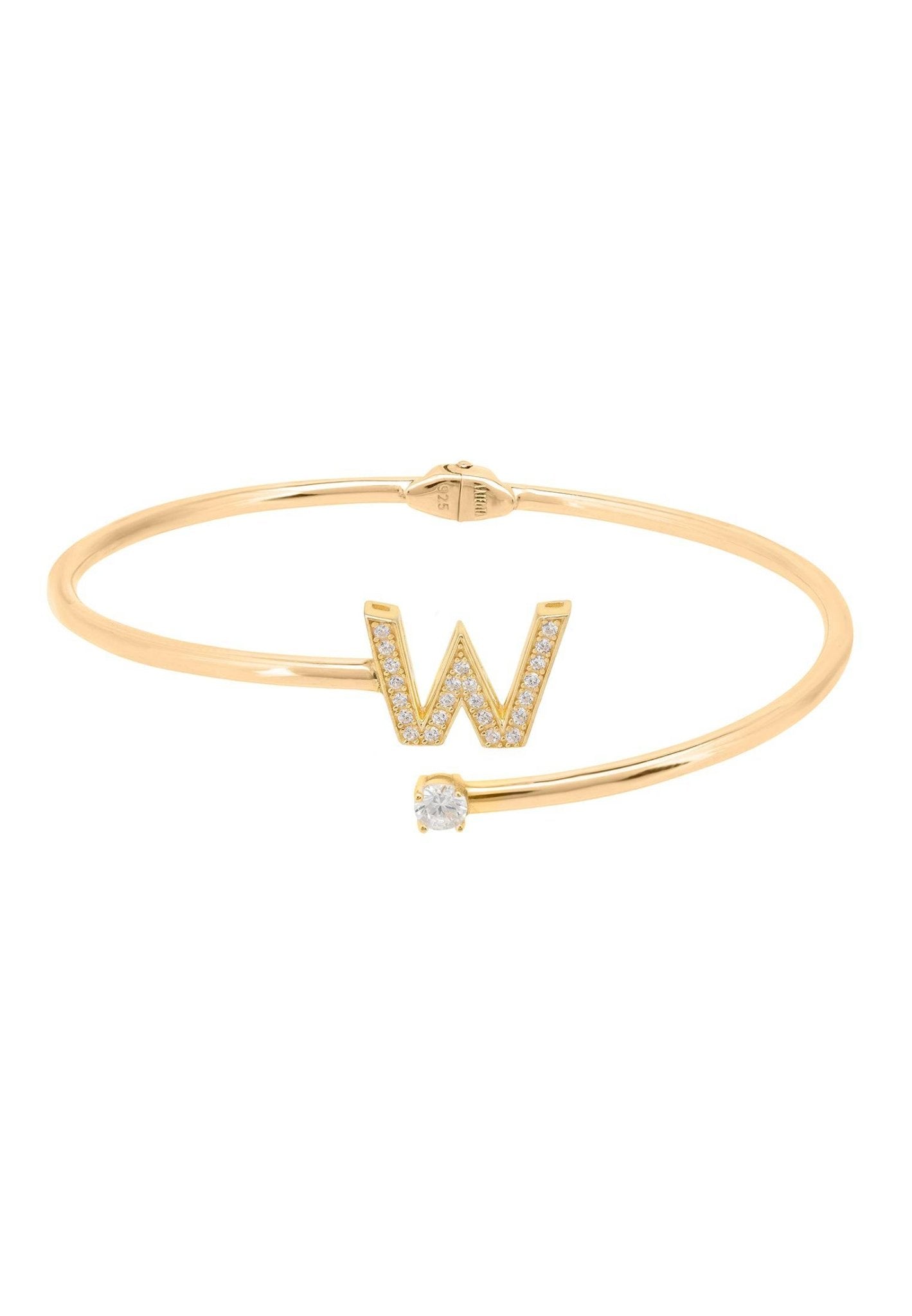 Initial Bangle Gold W featuring a delicate design with cubic zirconia, handcrafted from sterling silver and dipped in 22ct gold.