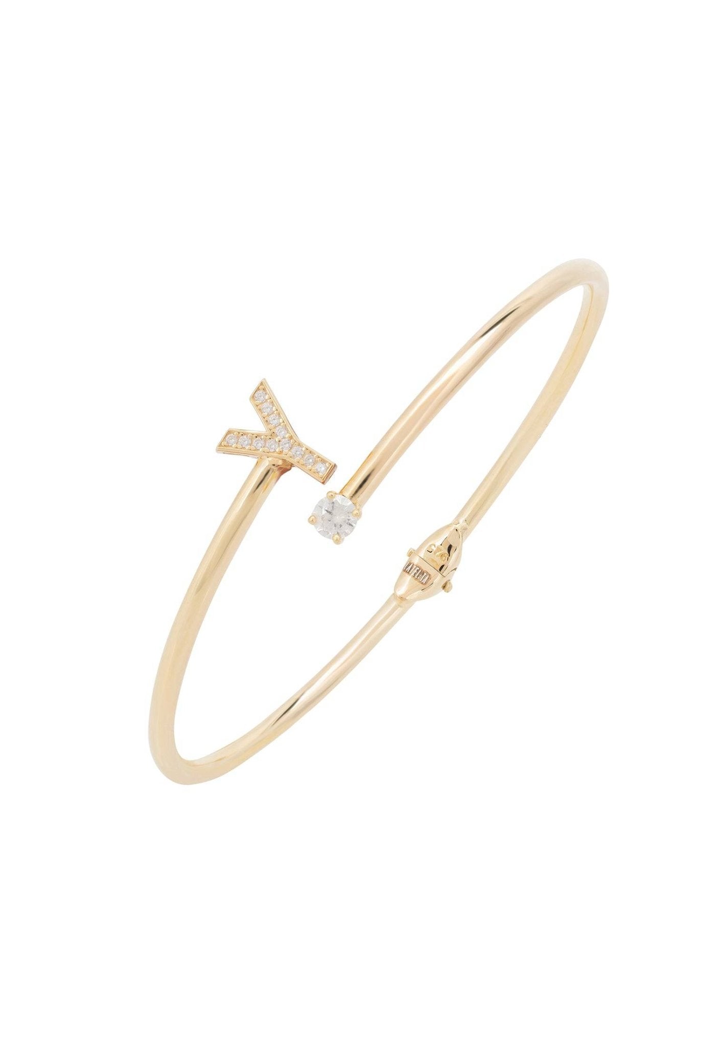 Initial Bangle Gold Y featuring a delicate design with cubic zirconia and a personalized monogram, elegantly crafted in 22ct gold and sterling silver.