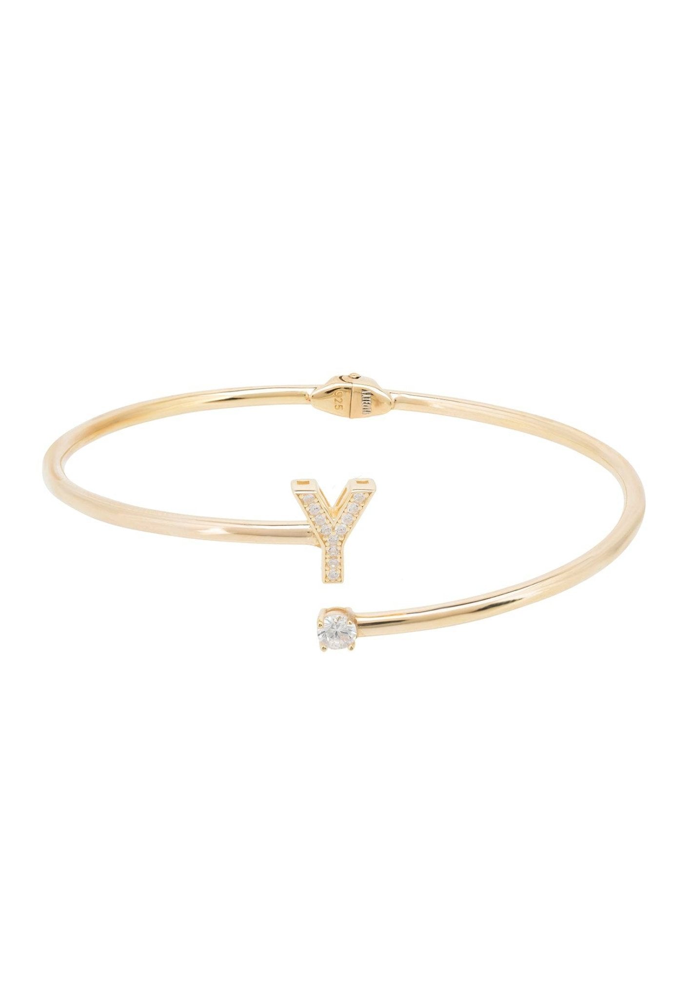 Initial Bangle Gold Y featuring a delicate design with cubic zirconia and a personalized monogram, elegantly crafted in 22ct gold and sterling silver.