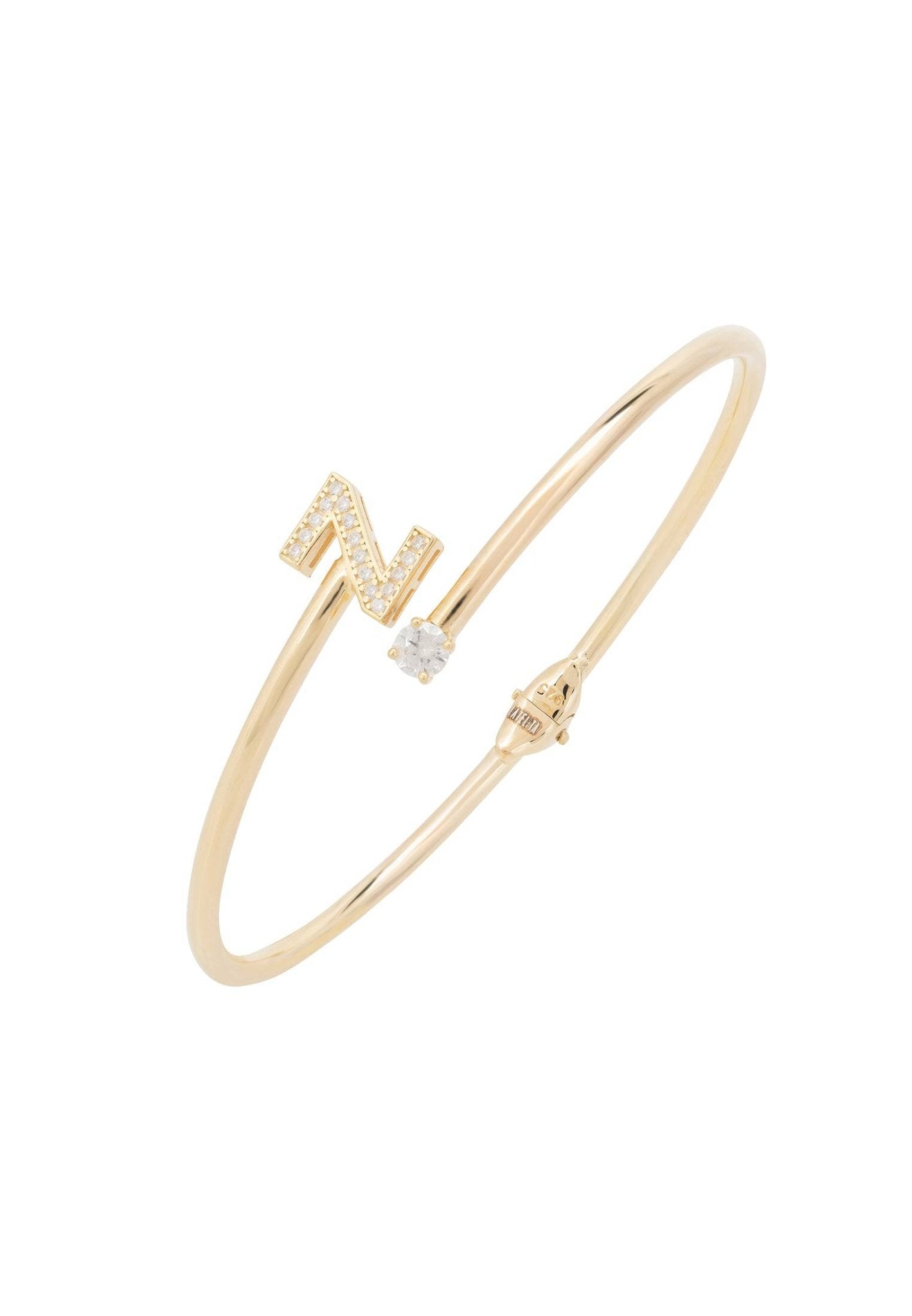 Initial Bangle Gold Z featuring a delicate design with cubic zirconia, handcrafted from sterling silver and dipped in 22ct gold.