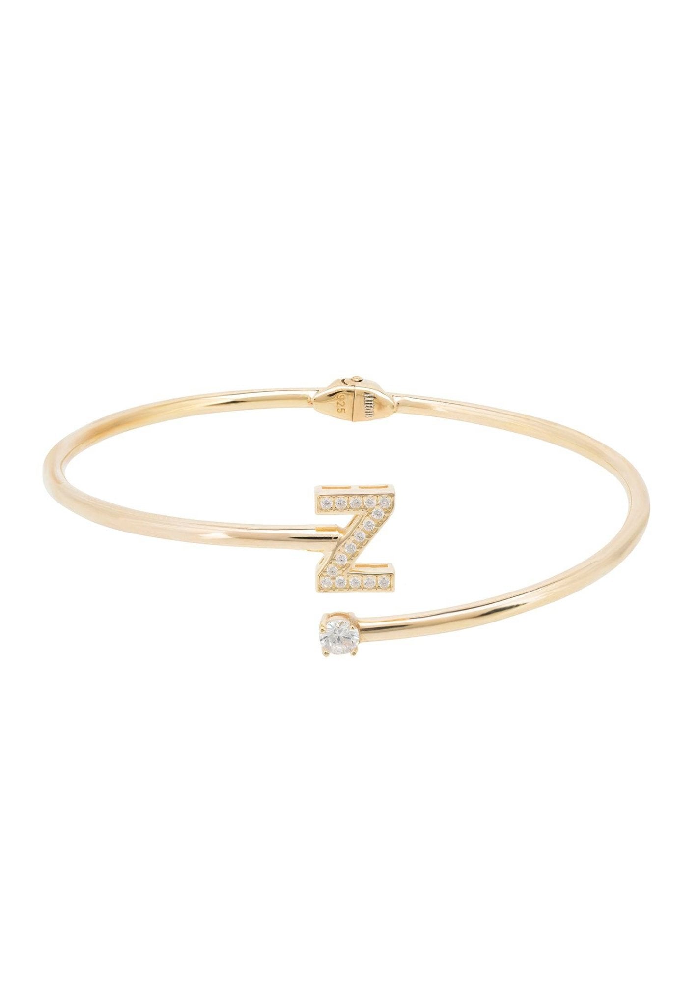 Initial Bangle Gold Z featuring a delicate design with cubic zirconia, handcrafted from sterling silver and dipped in 22ct gold.