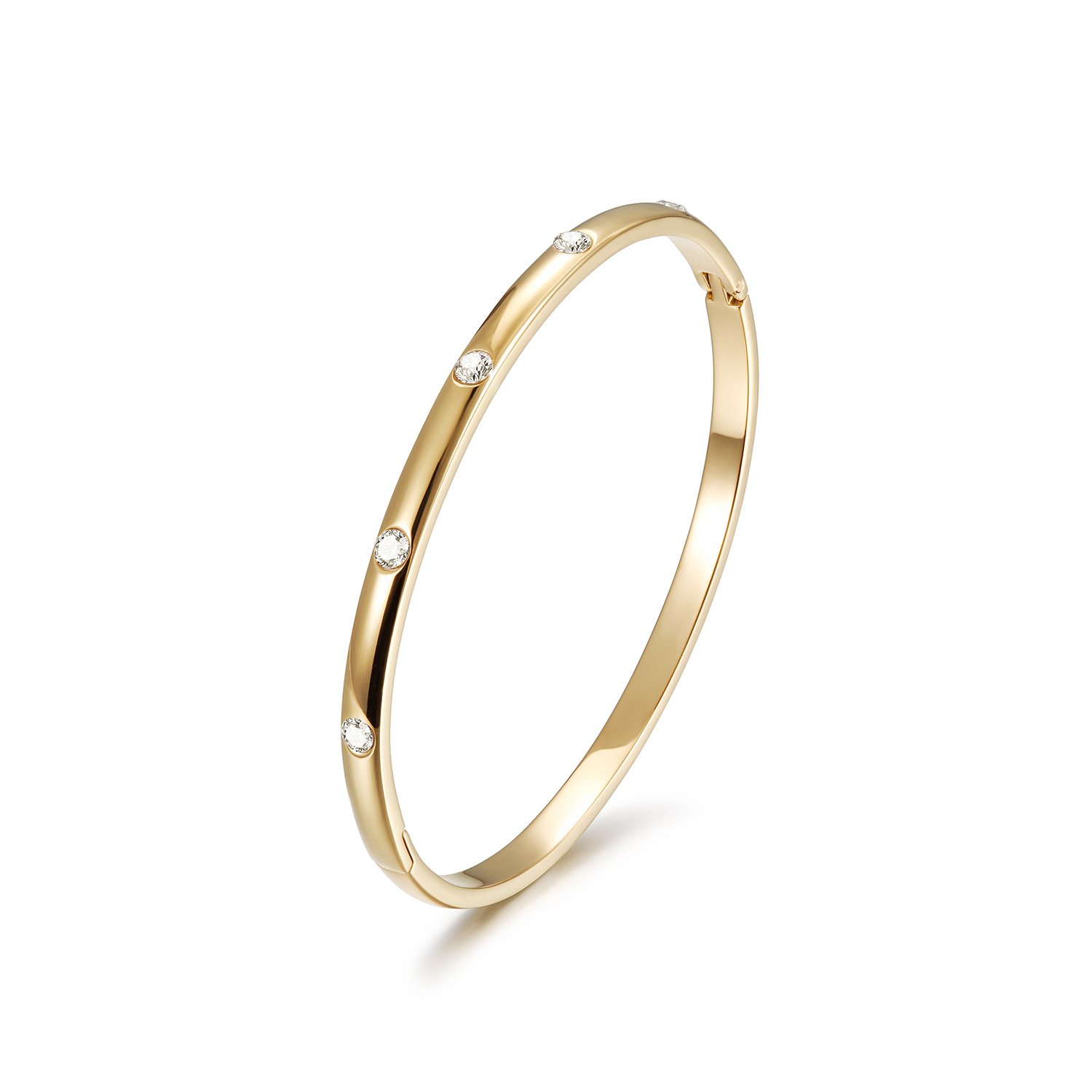 A delicate INITIAL Bangle featuring five sparkling stones, showcasing its smooth texture and elegant design.