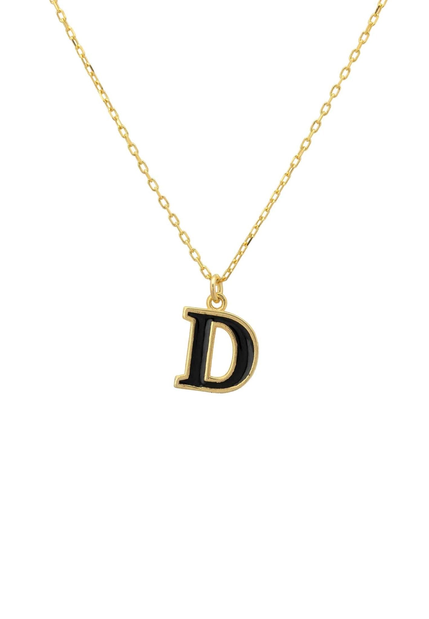 Initial Enamel Necklace Gold D featuring a delicate gold chain and black enamel pendant, elegantly displayed in a jewelry box.