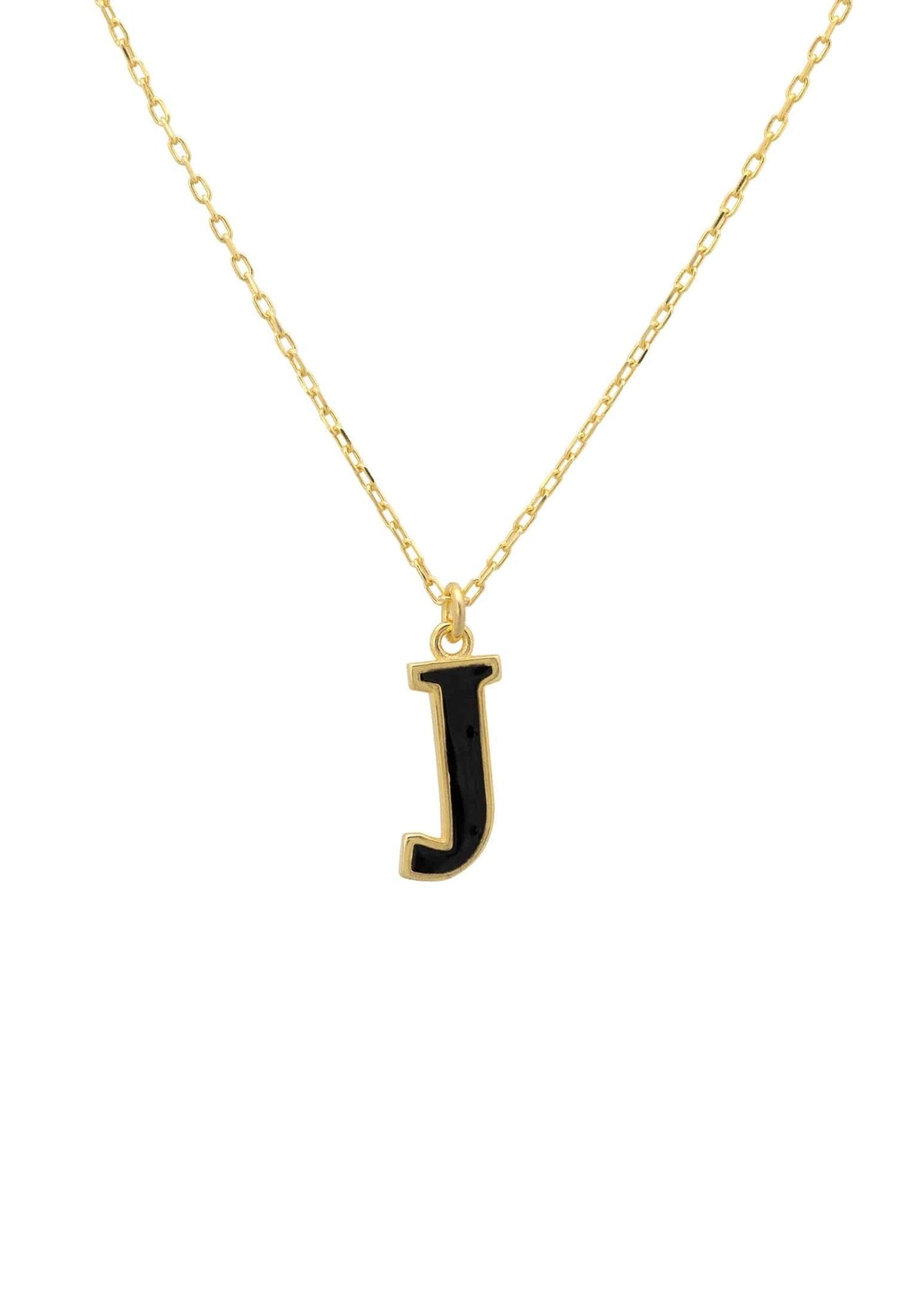 Initial Enamel Necklace Gold J featuring a black enamel inlay and 22ct gold dipped sterling silver setting.