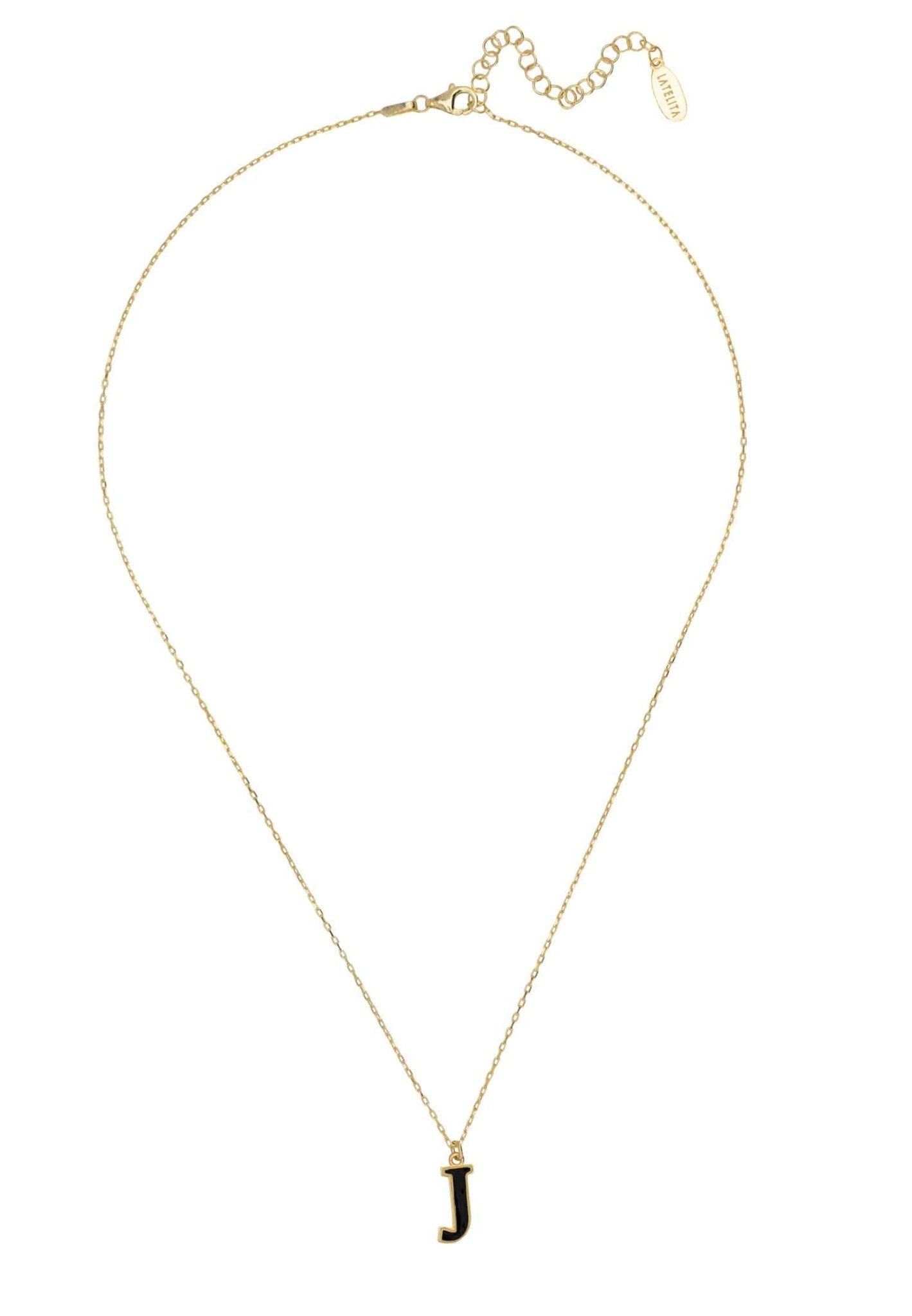 Initial Enamel Necklace Gold J featuring a black enamel inlay and 22ct gold dipped sterling silver setting.