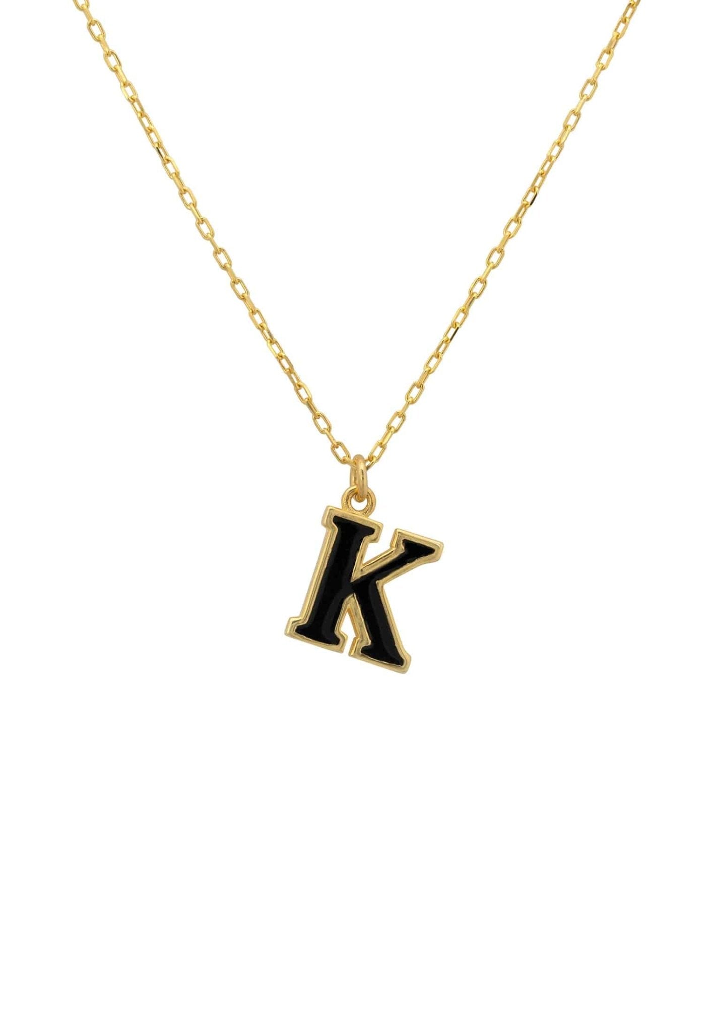 Elegant Initial Enamel Necklace Gold K featuring a black enamel pendant on a delicate gold chain, perfect for personalizing your style.