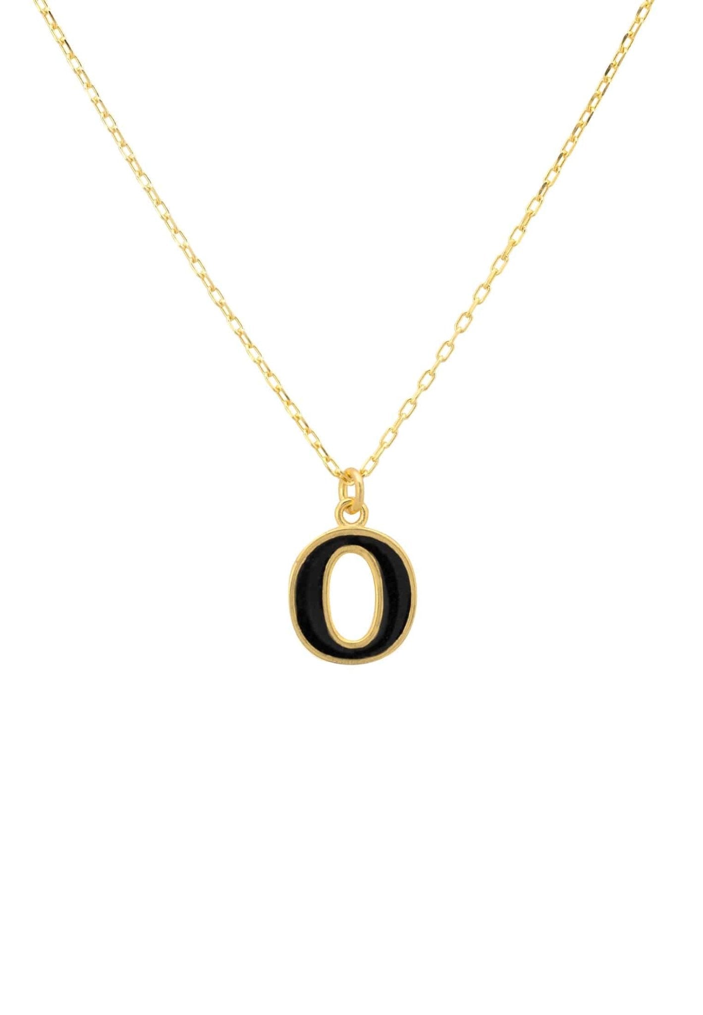 Gold Initial Enamel Necklace featuring a black enamel inlay, elegantly designed with a delicate chain.