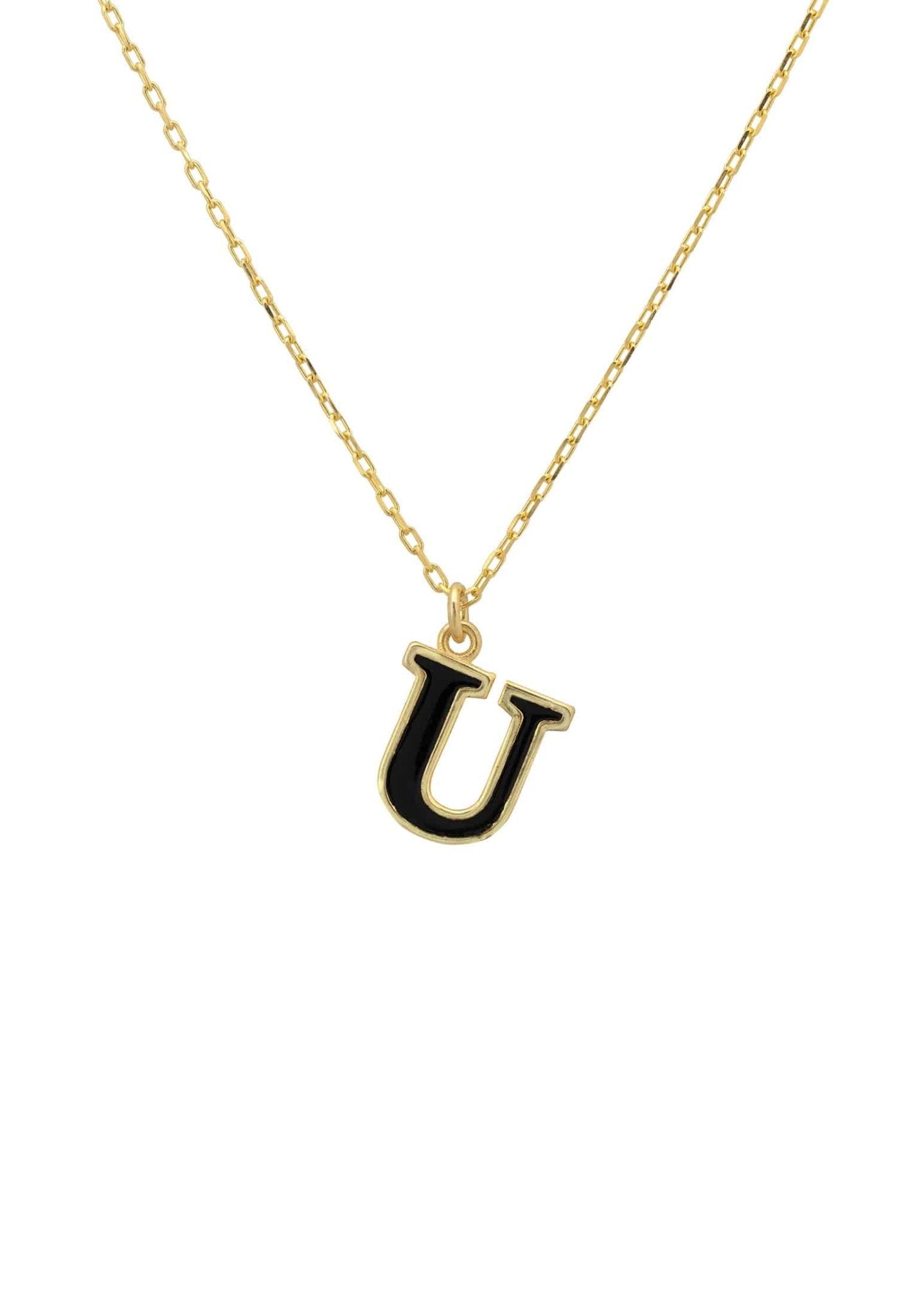 Elegant Initial Enamel Necklace Gold U featuring a black enamel inlay and 22ct gold finish, perfect for personalizing your style.