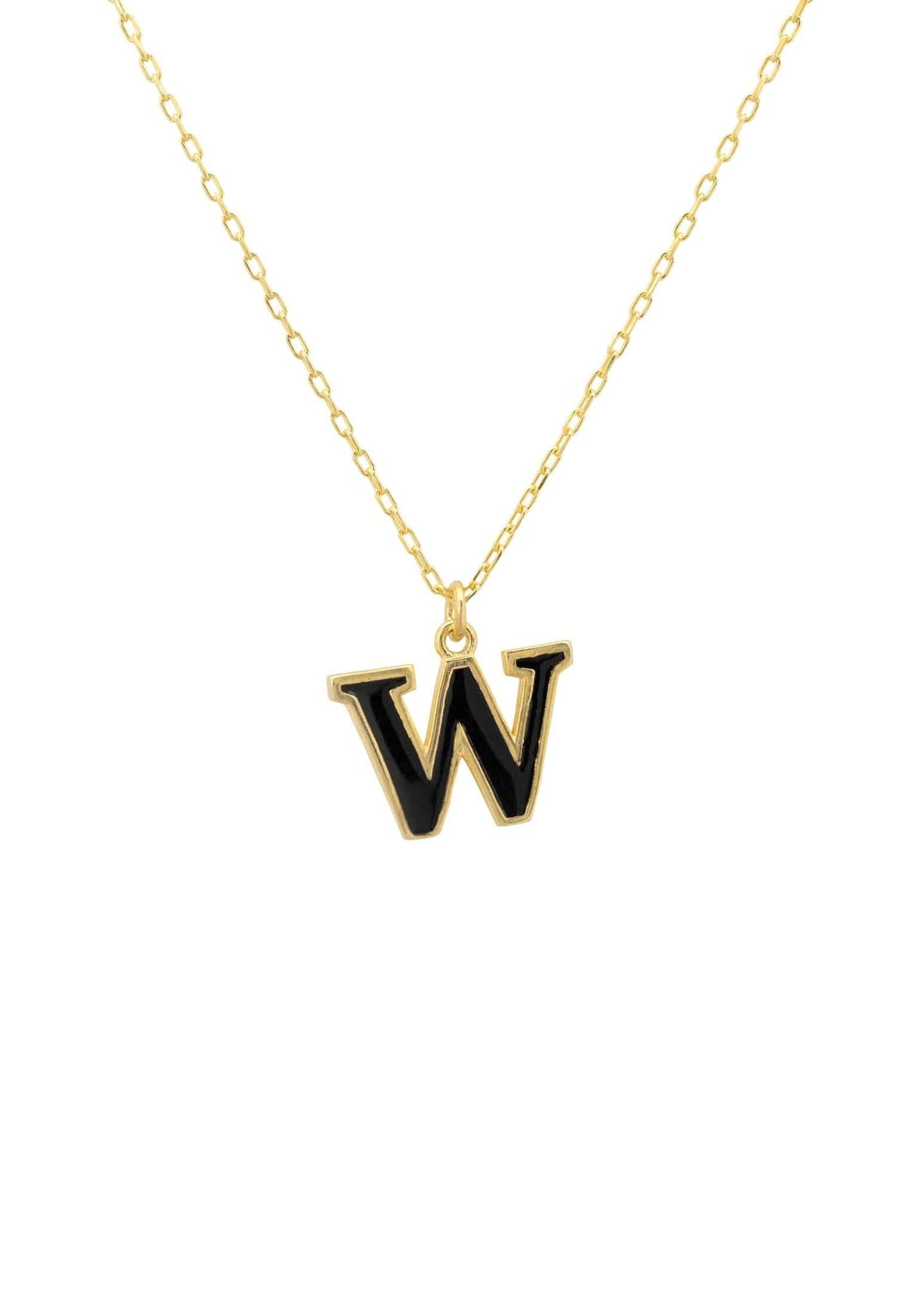 A delicate gold initial enamel necklace featuring a black enamel inlay, elegantly displayed in a signature jewellery box.