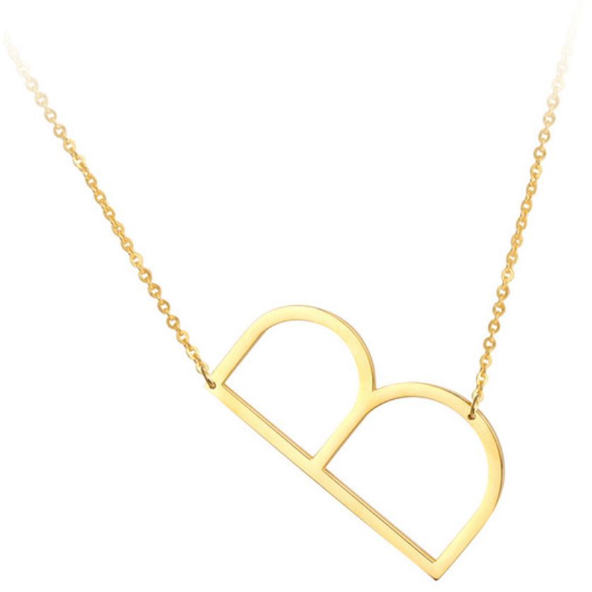 A large initial necklace featuring a polished gold tone finish, showcasing a customizable block letter design.