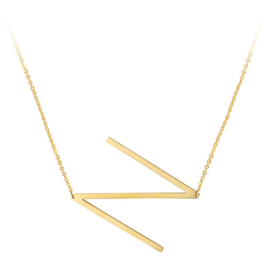 A large initial necklace featuring a polished gold tone finish, showcasing a customizable block letter design.