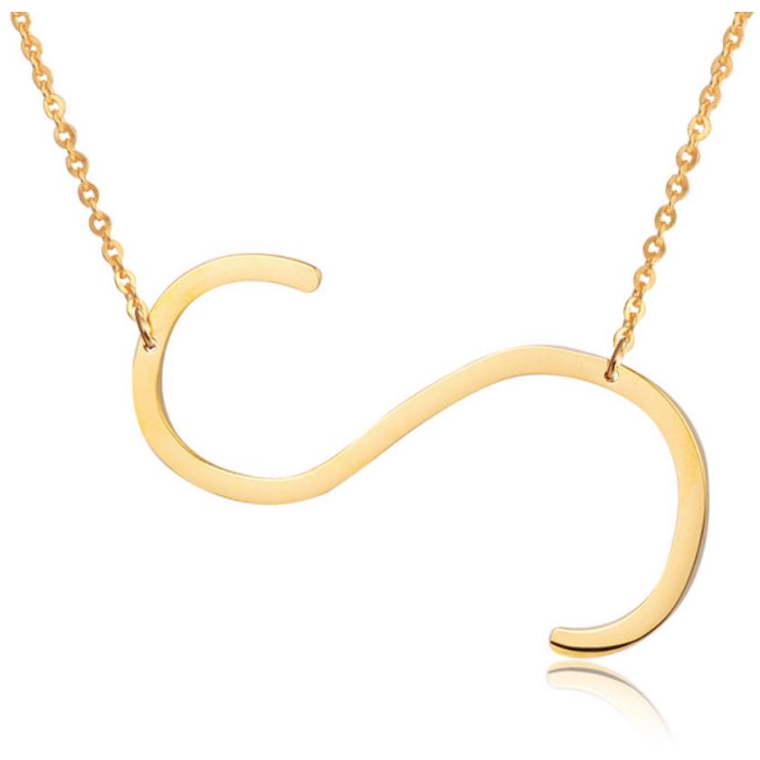 A large initial necklace featuring a polished gold tone finish, showcasing a customizable block letter design.