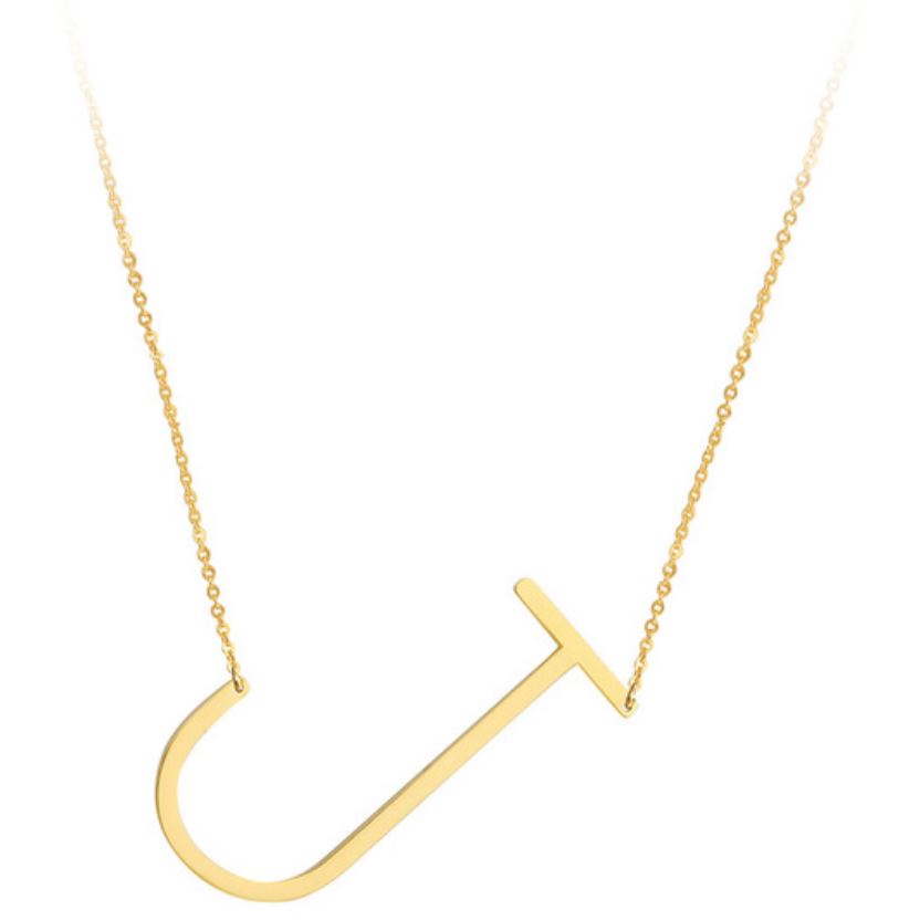 A large initial necklace featuring a polished gold tone finish, showcasing a customizable block letter design.