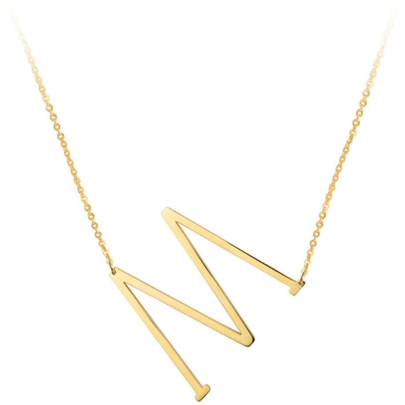 A large initial necklace featuring a polished gold tone finish, showcasing a customizable block letter design.