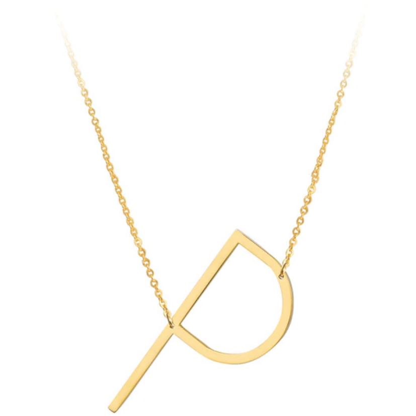 A large initial necklace featuring a polished gold tone finish, showcasing a customizable block letter design.