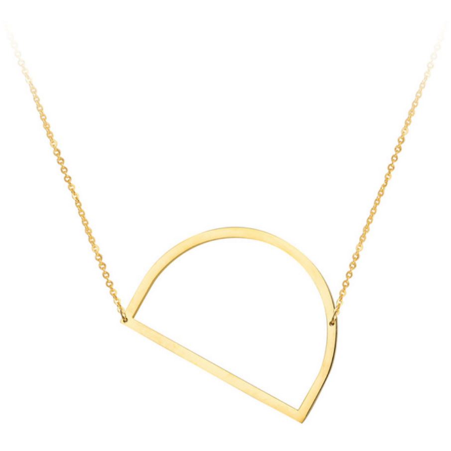 A large initial necklace featuring a polished gold tone finish, showcasing a customizable block letter design.