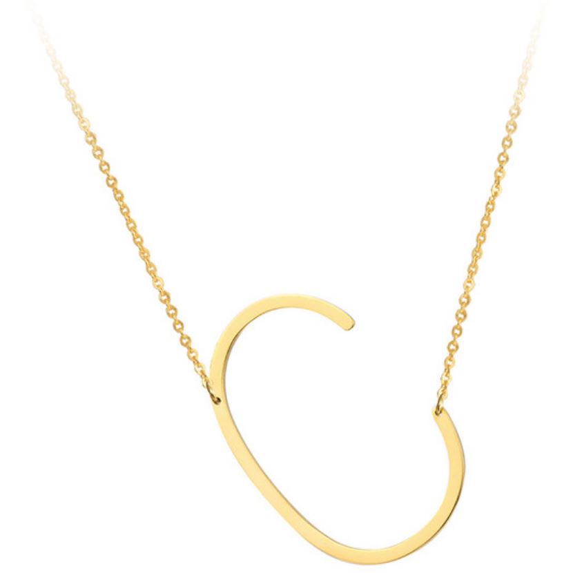 A large initial necklace featuring a polished gold tone finish, showcasing a customizable block letter design.