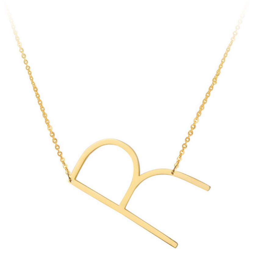 A large initial necklace featuring a polished gold tone finish, showcasing a customizable block letter design.