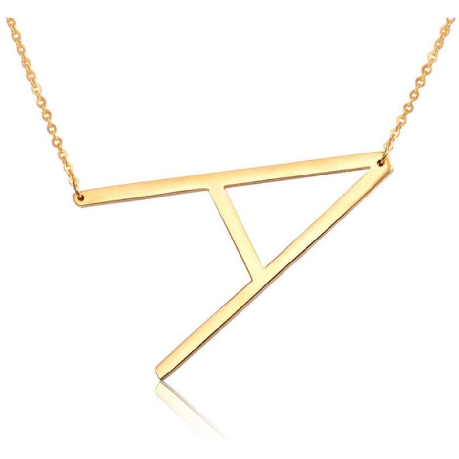 A large initial necklace featuring a polished gold tone finish, showcasing a customizable block letter design.