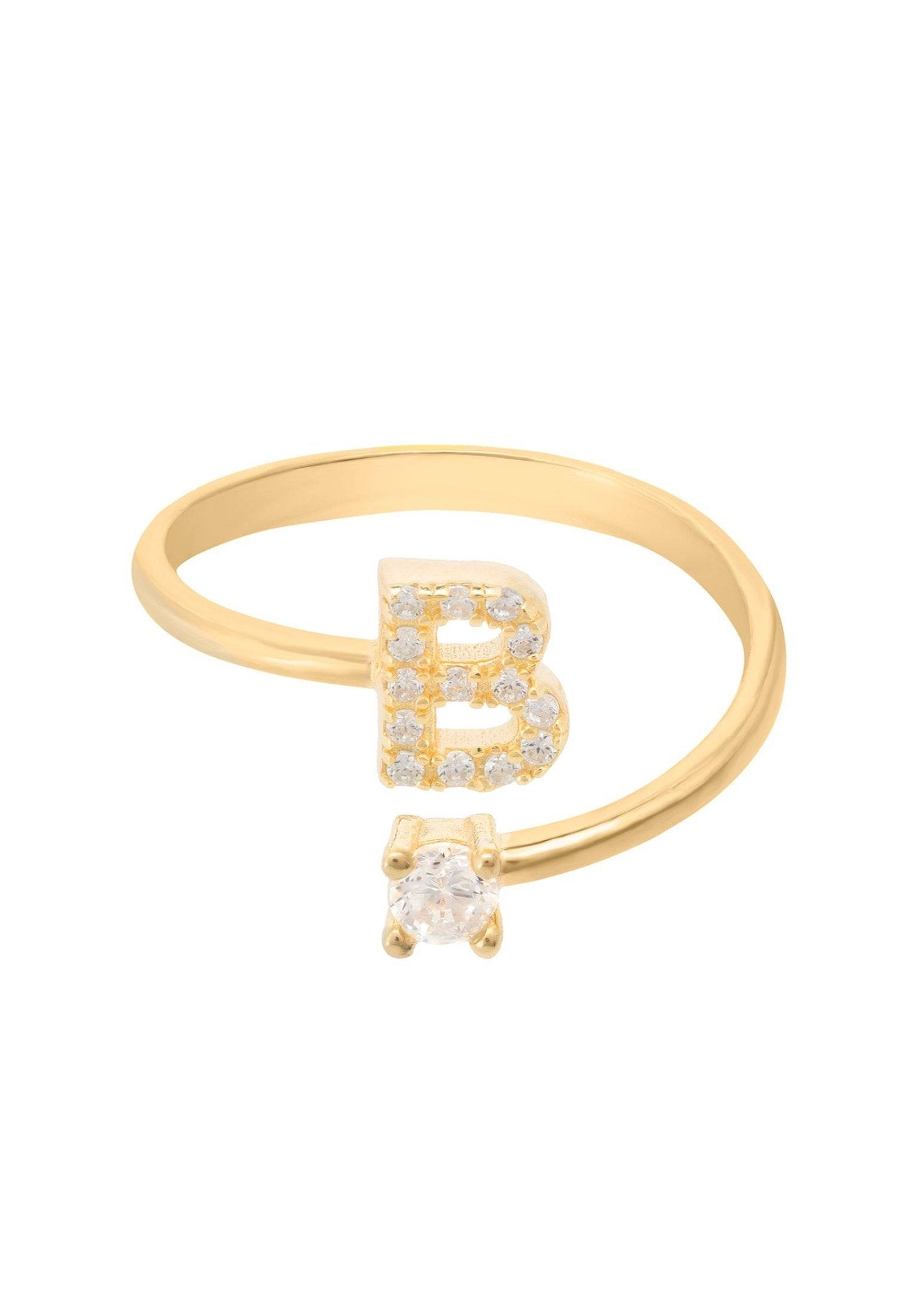 Initial Ring Gold B featuring a delicate design with cubic zirconia accents on a 22ct gold dipped band.