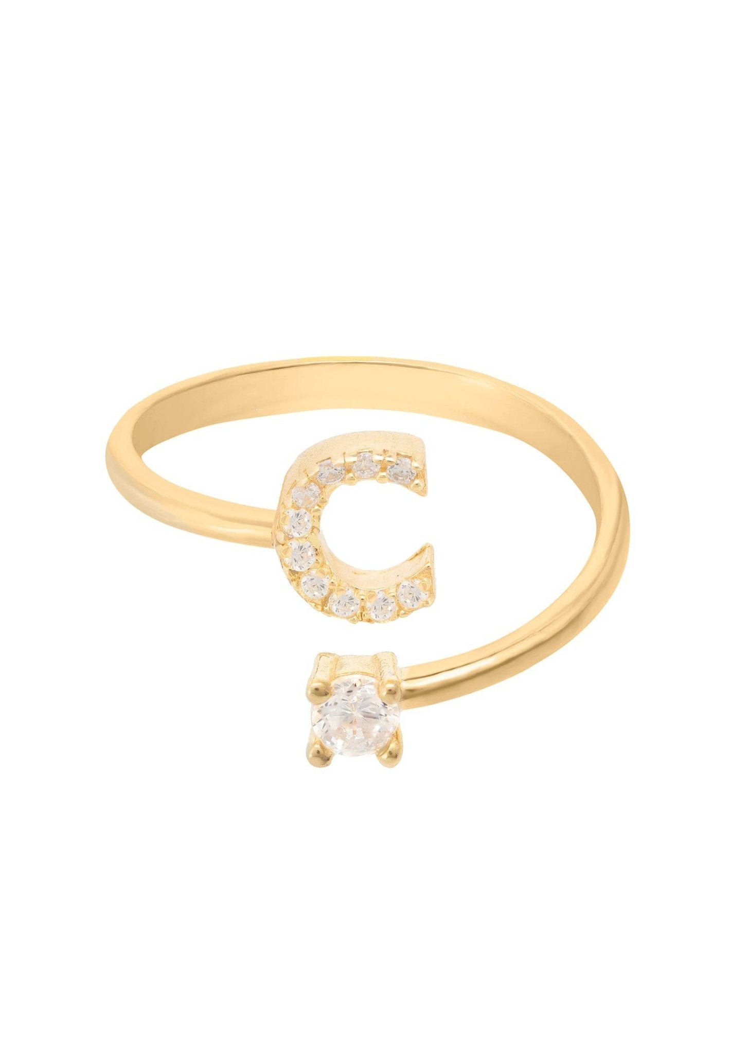 A delicate Initial Ring Gold C featuring an open band, adorned with a personalized initial and sparkling cubic zirconia.