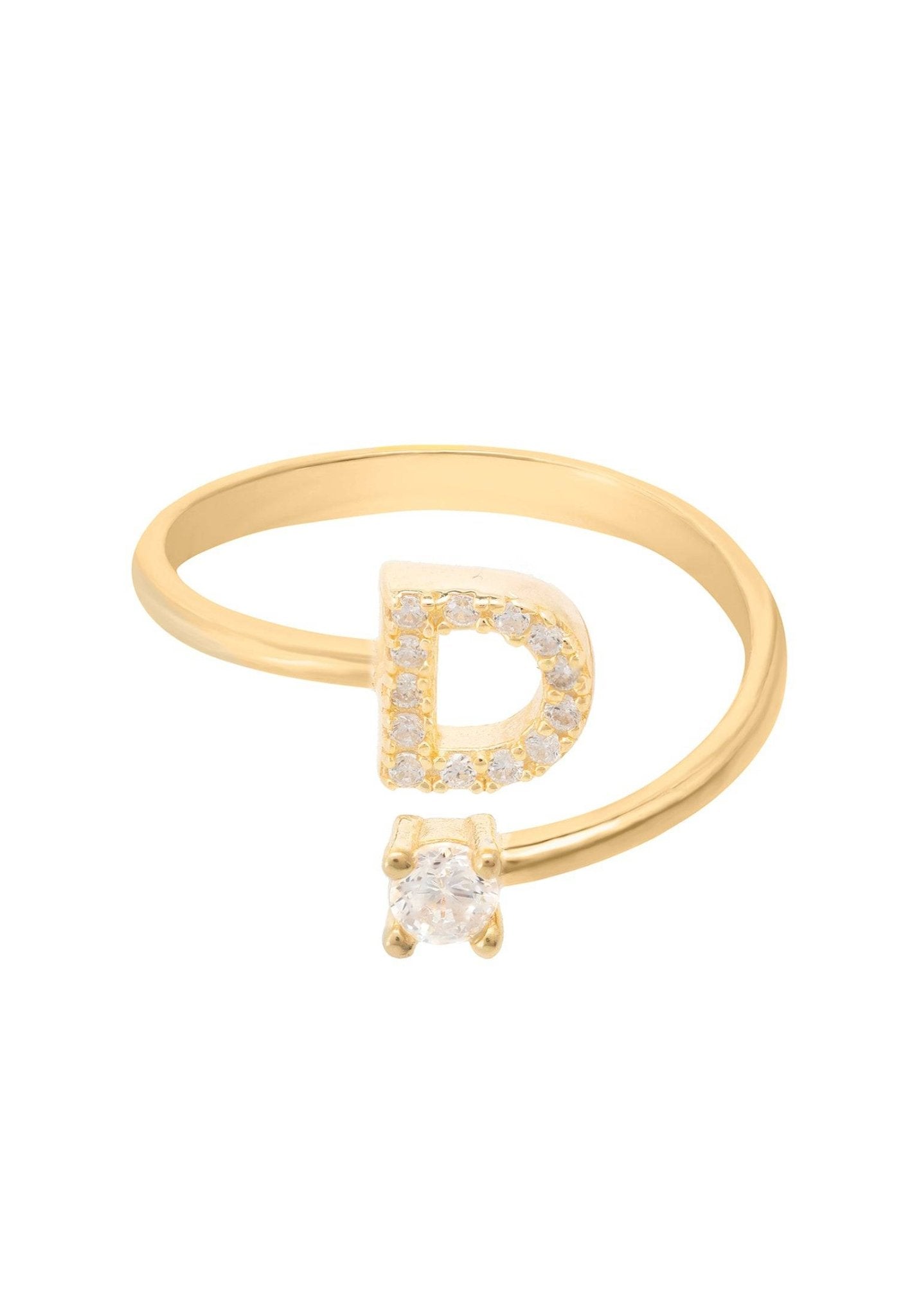 Elegant Initial Ring Gold D featuring a personalized initial and cubic zirconia accents, crafted from sterling silver and dipped in 22ct gold.