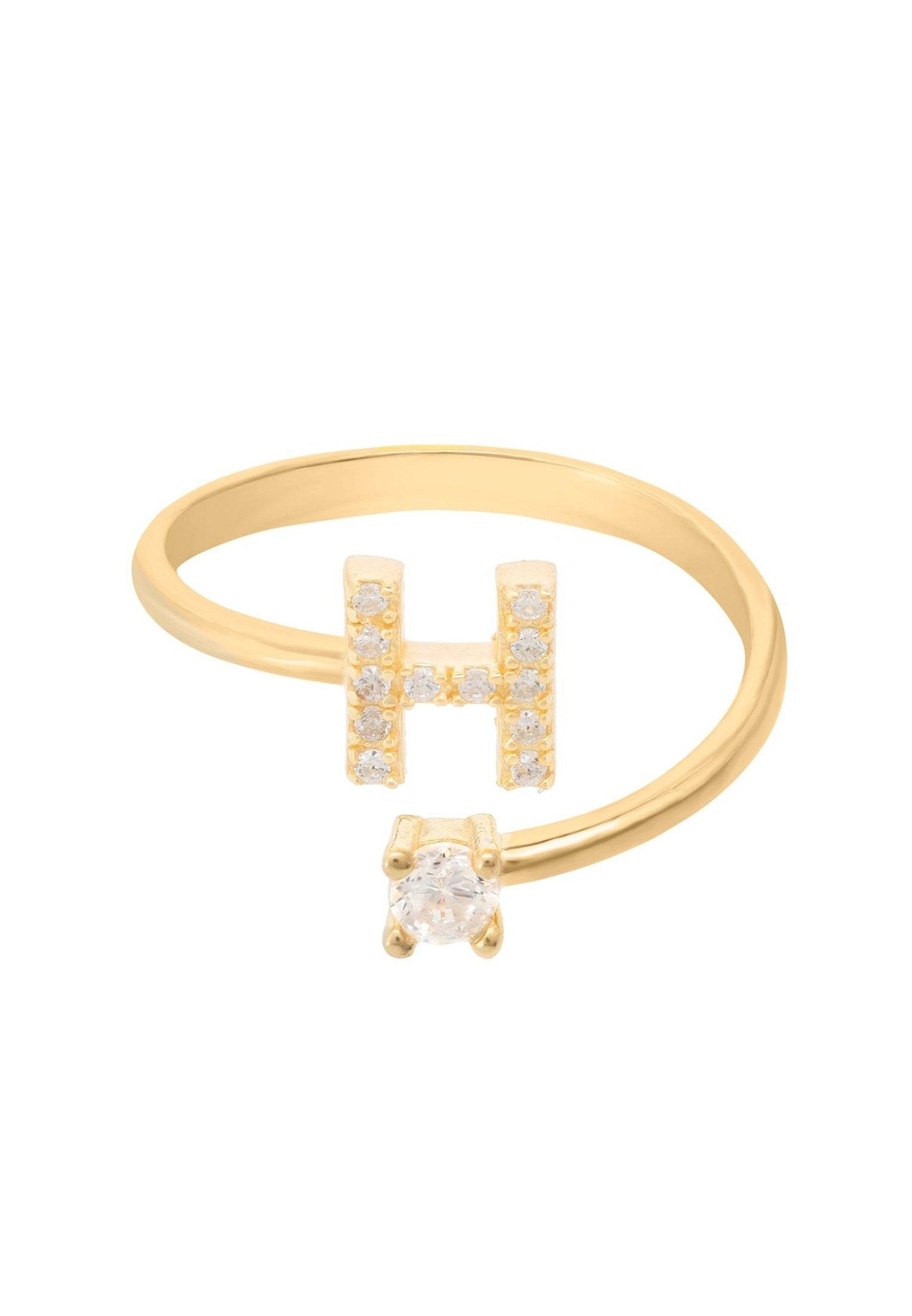 Initial Ring Gold H featuring an elegant design with a monogram and cubic zirconia, handcrafted in 925 sterling silver and dipped in 22ct gold.