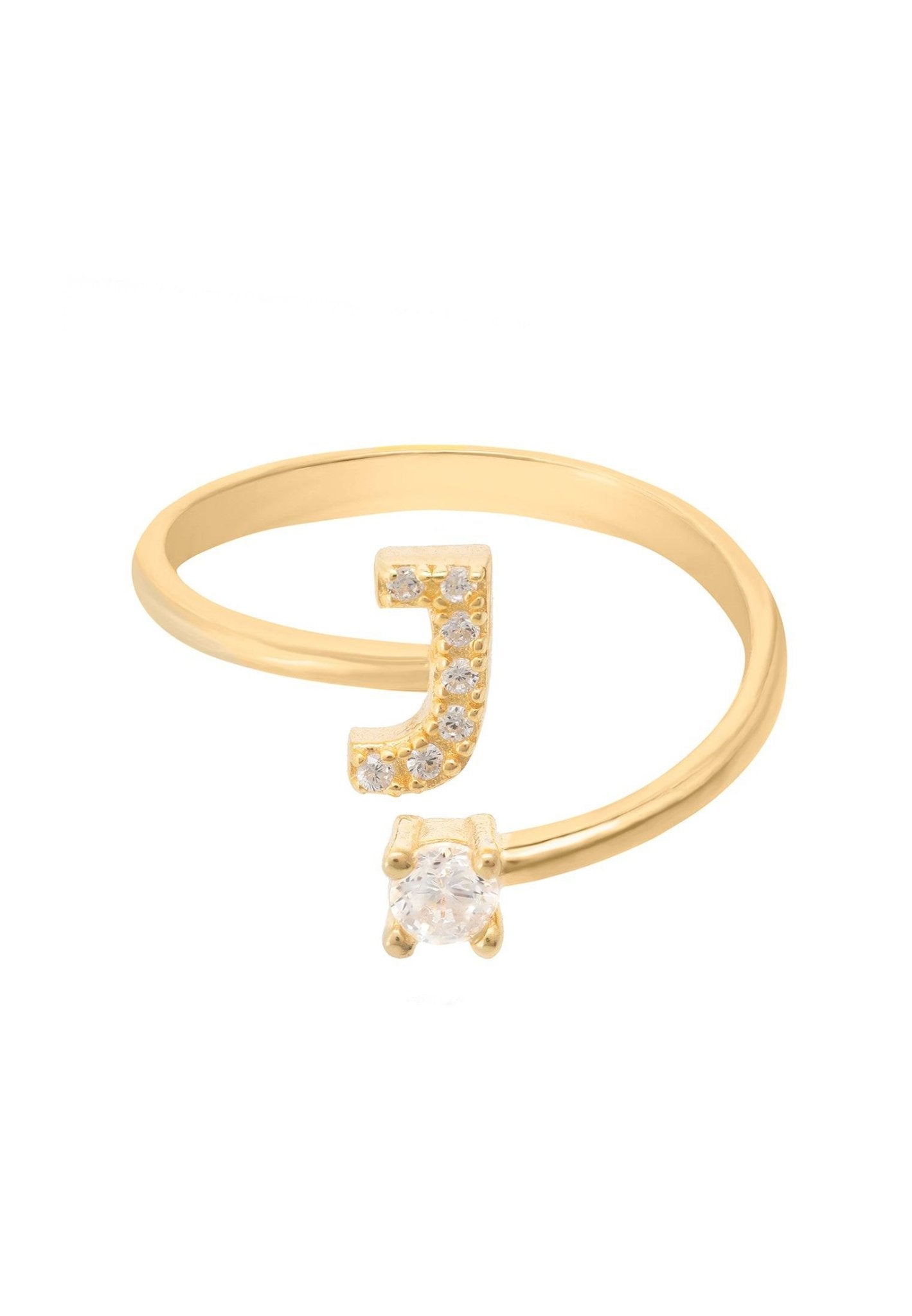 Initial Ring Gold J featuring a delicate design with an open band, adorned with cubic zirconia and crafted from 925 sterling silver dipped in 22ct gold.