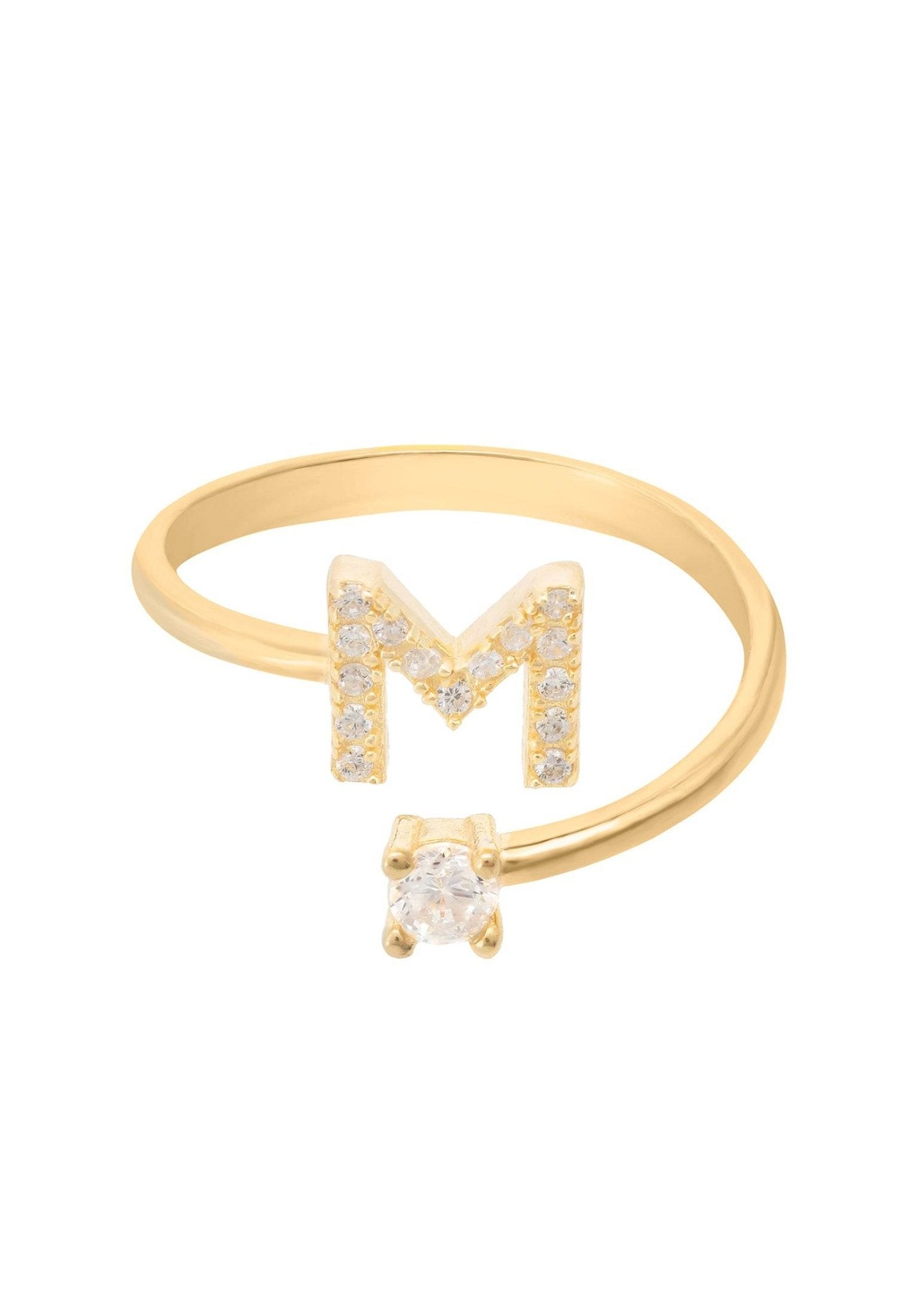 A delicate Initial Ring Gold M featuring an open band, adorned with a personalized initial and sparkling cubic zirconia.