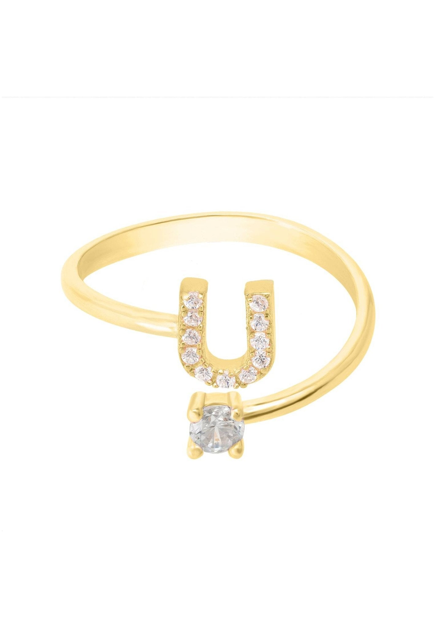 Elegant Initial Ring Gold U featuring a delicate design with cubic zirconia, handcrafted from sterling silver and dipped in 22ct gold.