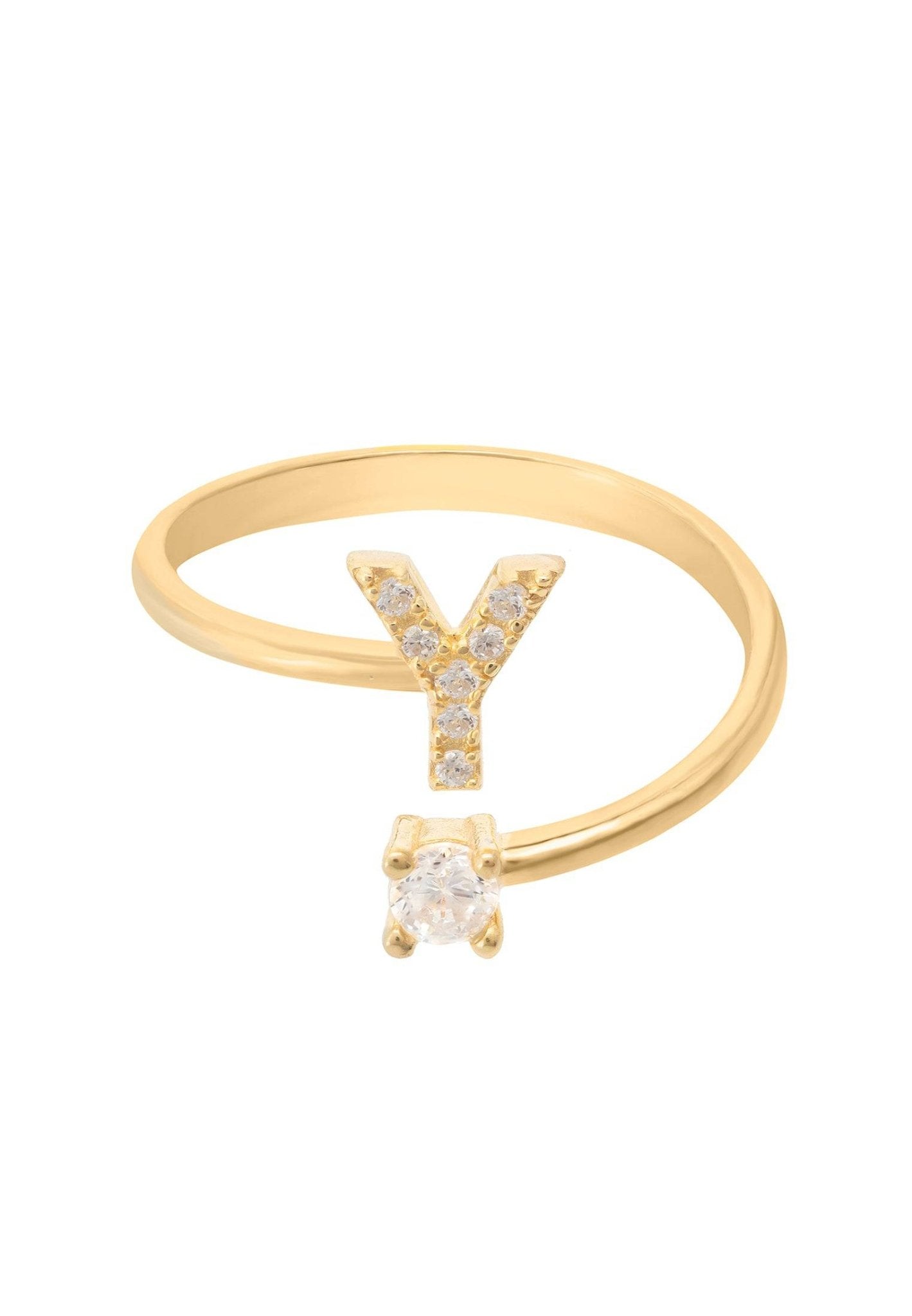 A delicate Initial Ring Gold Y featuring an open band design with a personalized initial and sparkling cubic zirconia.