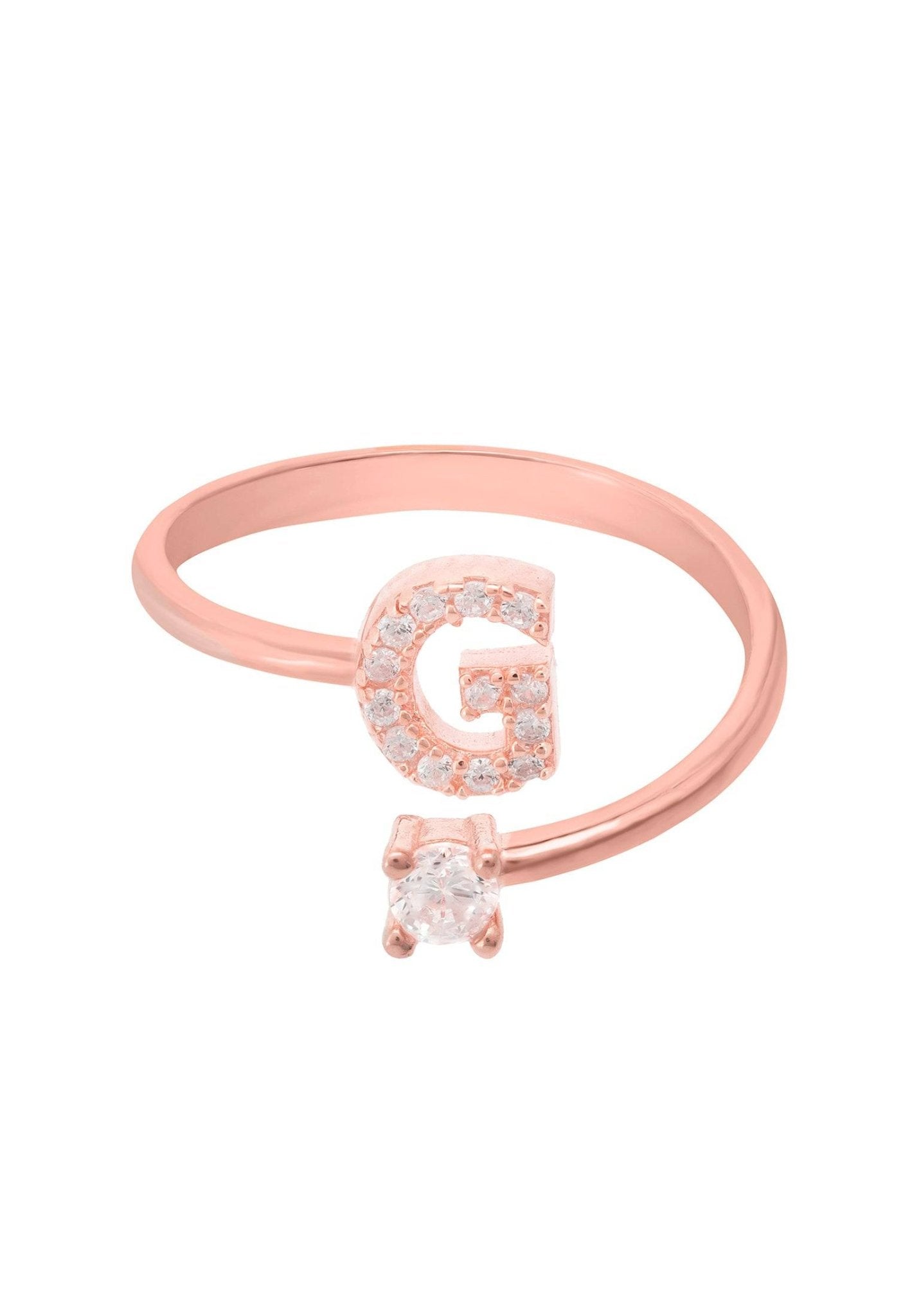 Initial Ring Rosegold G featuring an elegant design with a personalized initial and cubic zirconia, crafted from sterling silver and dipped in rose gold.